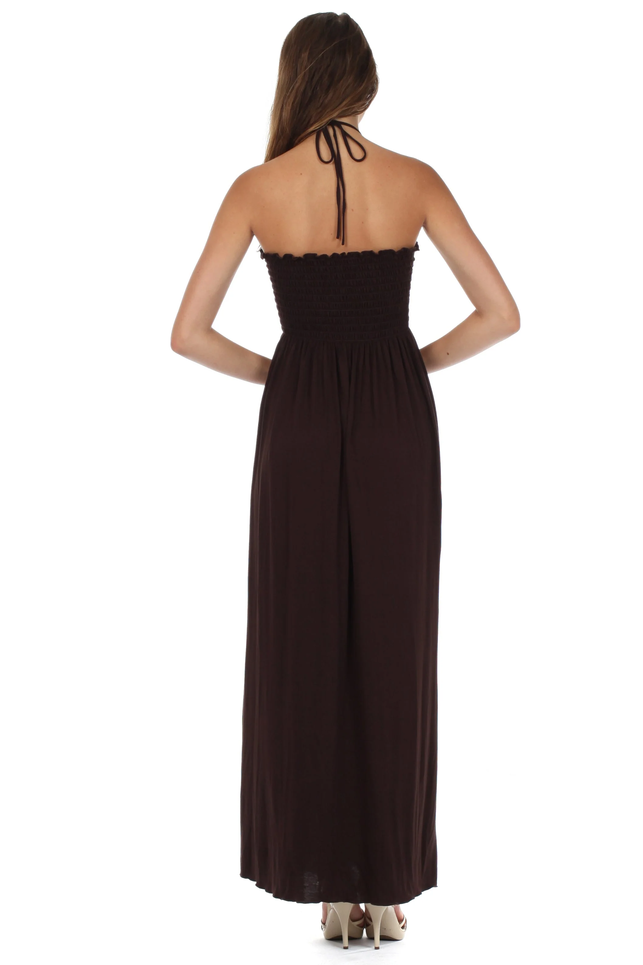 Sakkas Soft Jersey Feel Solid Color Smocked Bodice String Halter Long Dress - Image 7