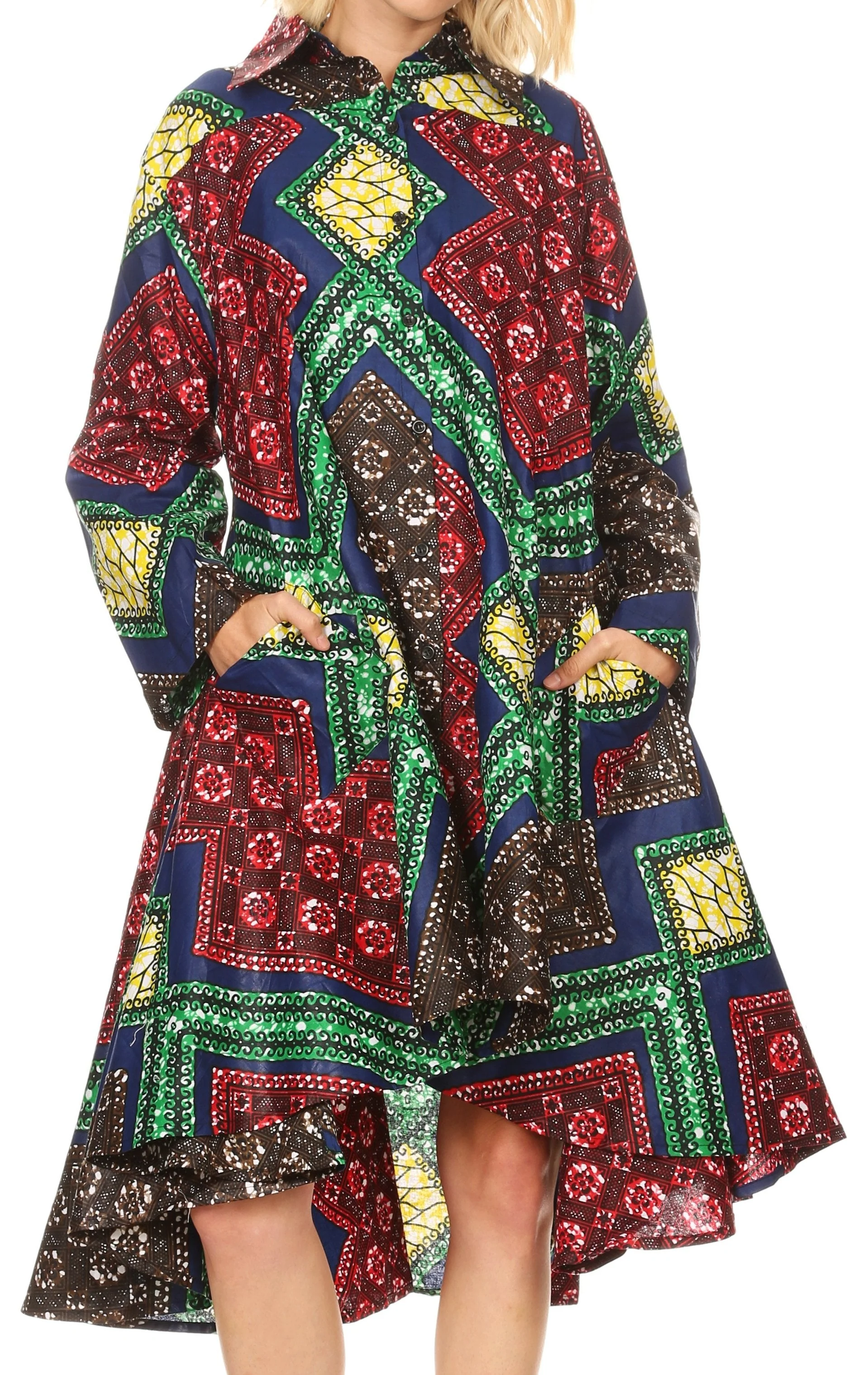 Sakkas Sol Womens Summer Swing Loose Dress African Print Roll up Sleeve Button - Image 19