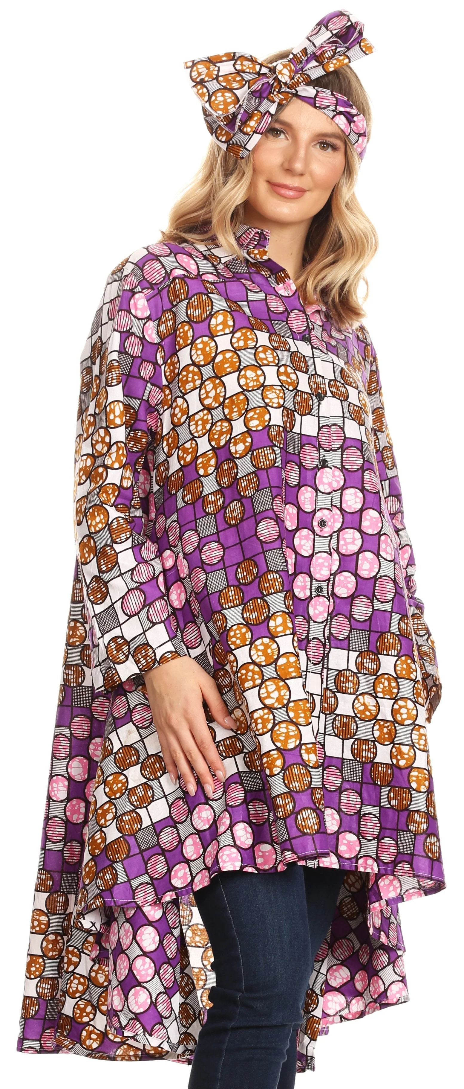 Sakkas Sol Womens Summer Swing Loose Dress African Print Roll up Sleeve Button - Image 21