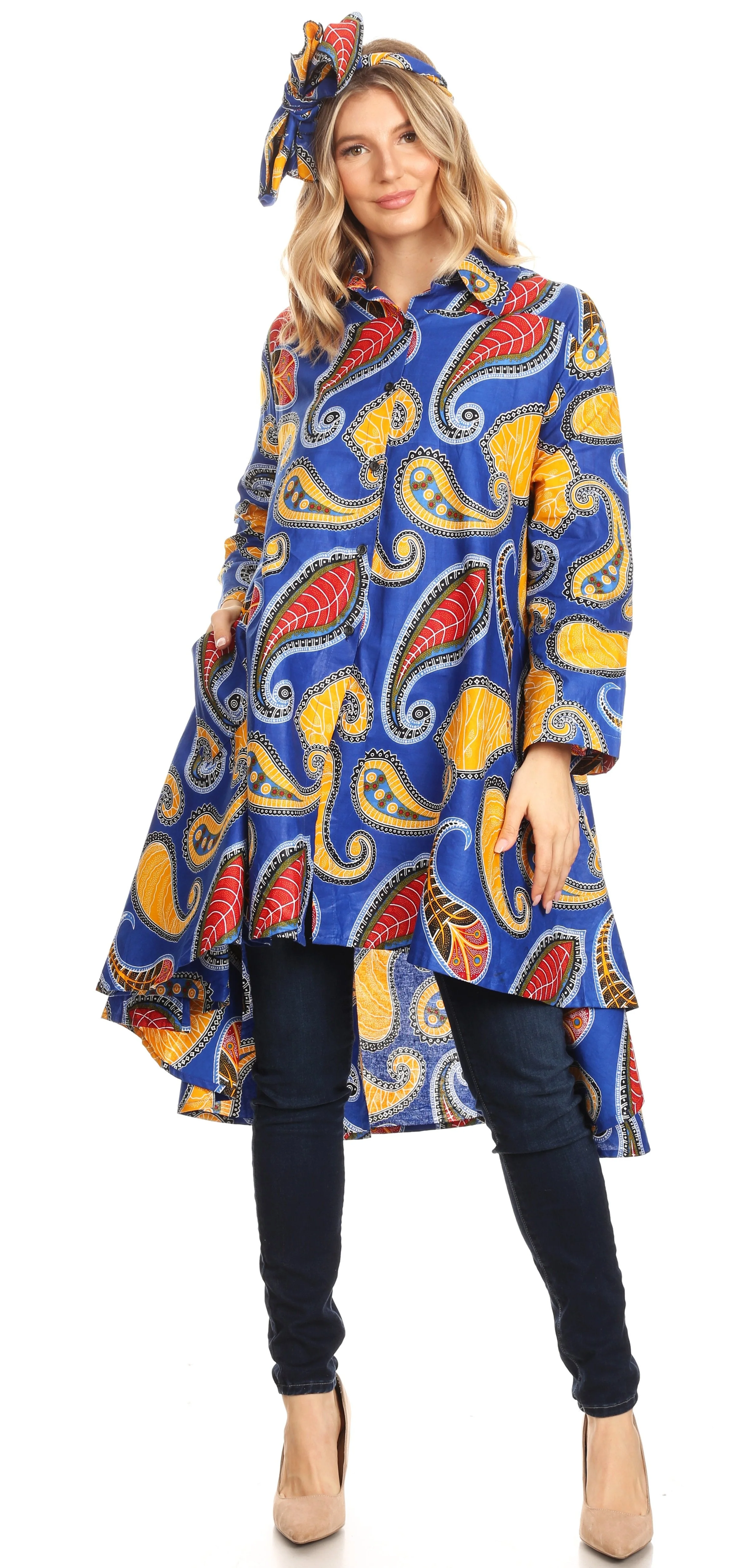Sakkas Sol Womens Summer Swing Loose Dress African Print Roll up Sleeve Button - Image 35