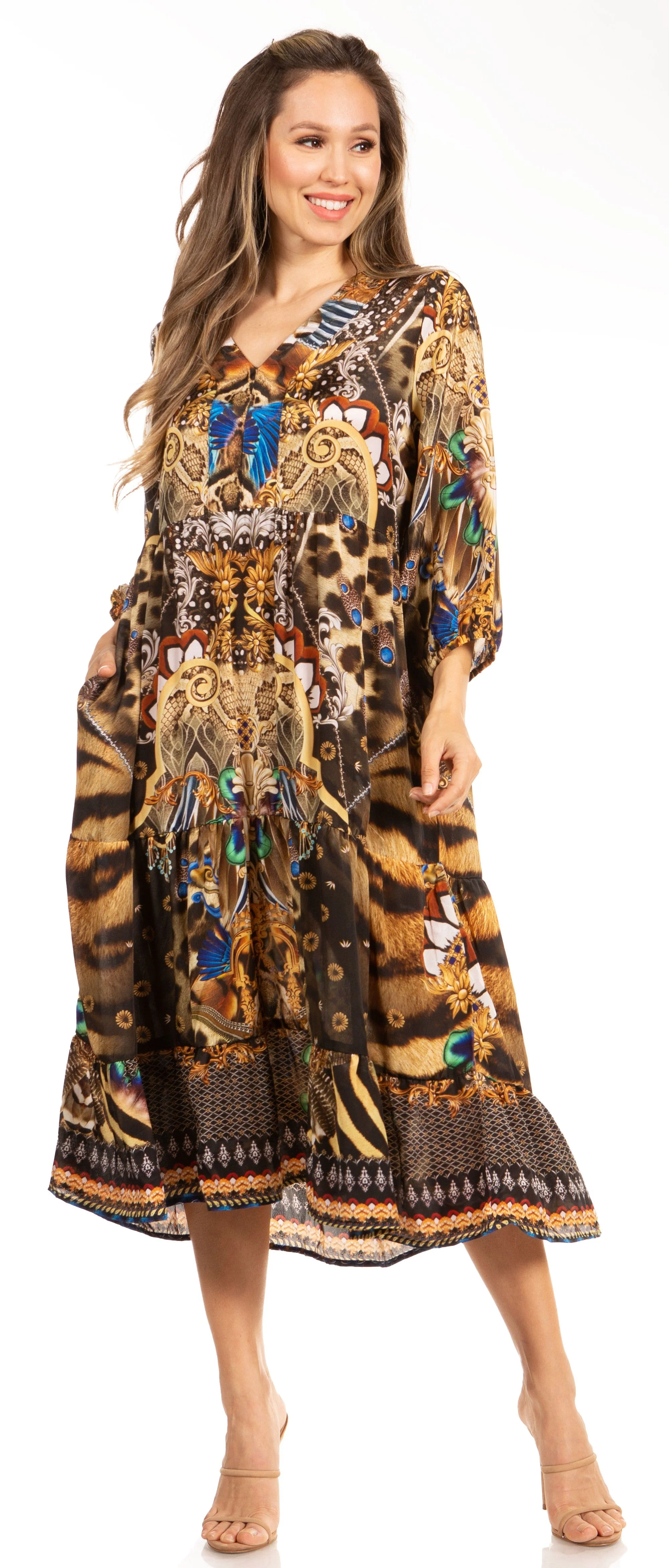Sakkas Sole Women's Boho Floral Print V-Neck Midi Dress with Long Sleeves - Image 15