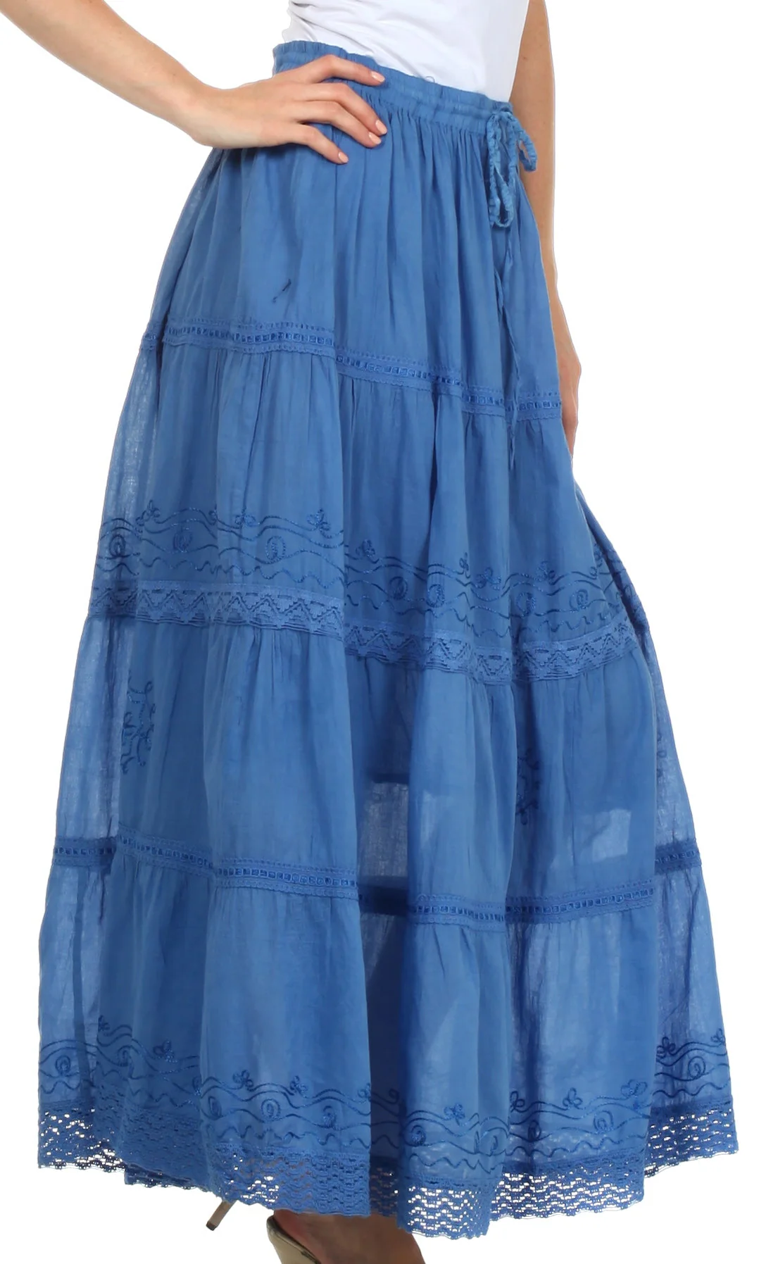 Sakkas Solid Embroidered Crochet Lace Trim Gypsy Bohemian Mid Length Cotton Skirt - Image 10