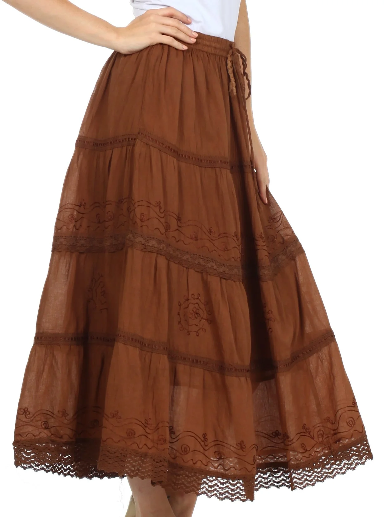 Sakkas Solid Embroidered Crochet Lace Trim Gypsy Bohemian Mid Length Cotton Skirt - Image 16