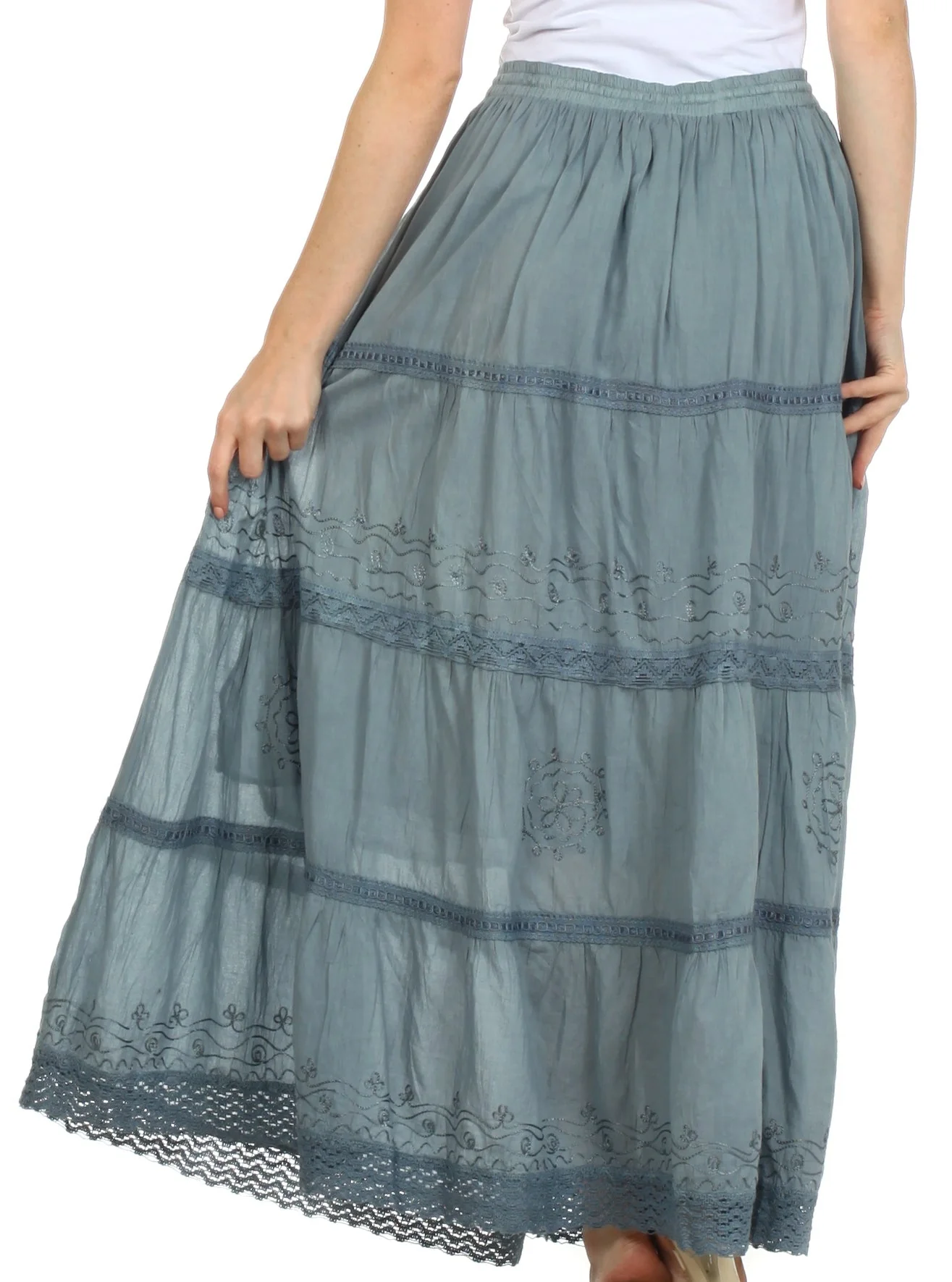 Sakkas Solid Embroidered Crochet Lace Trim Gypsy Bohemian Mid Length Cotton Skirt - Image 25