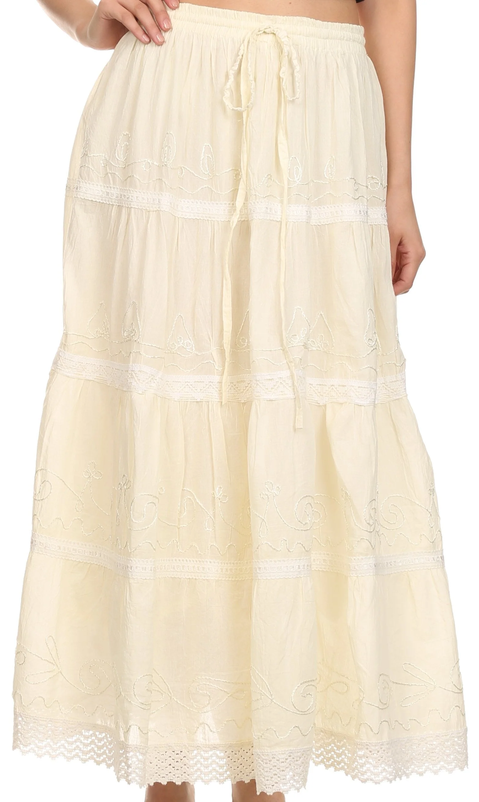 Sakkas Solid Embroidered Crochet Lace Trim Gypsy Bohemian Mid Length Cotton Skirt - Image 30