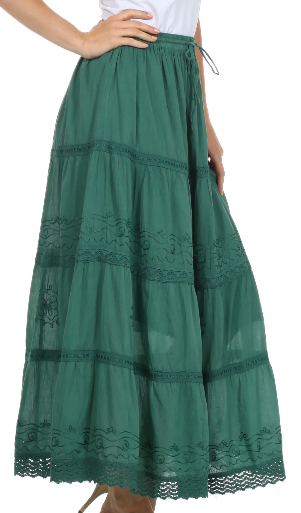 Sakkas Solid Embroidered Crochet Lace Trim Gypsy Bohemian Mid Length Cotton Skirt - Image 37