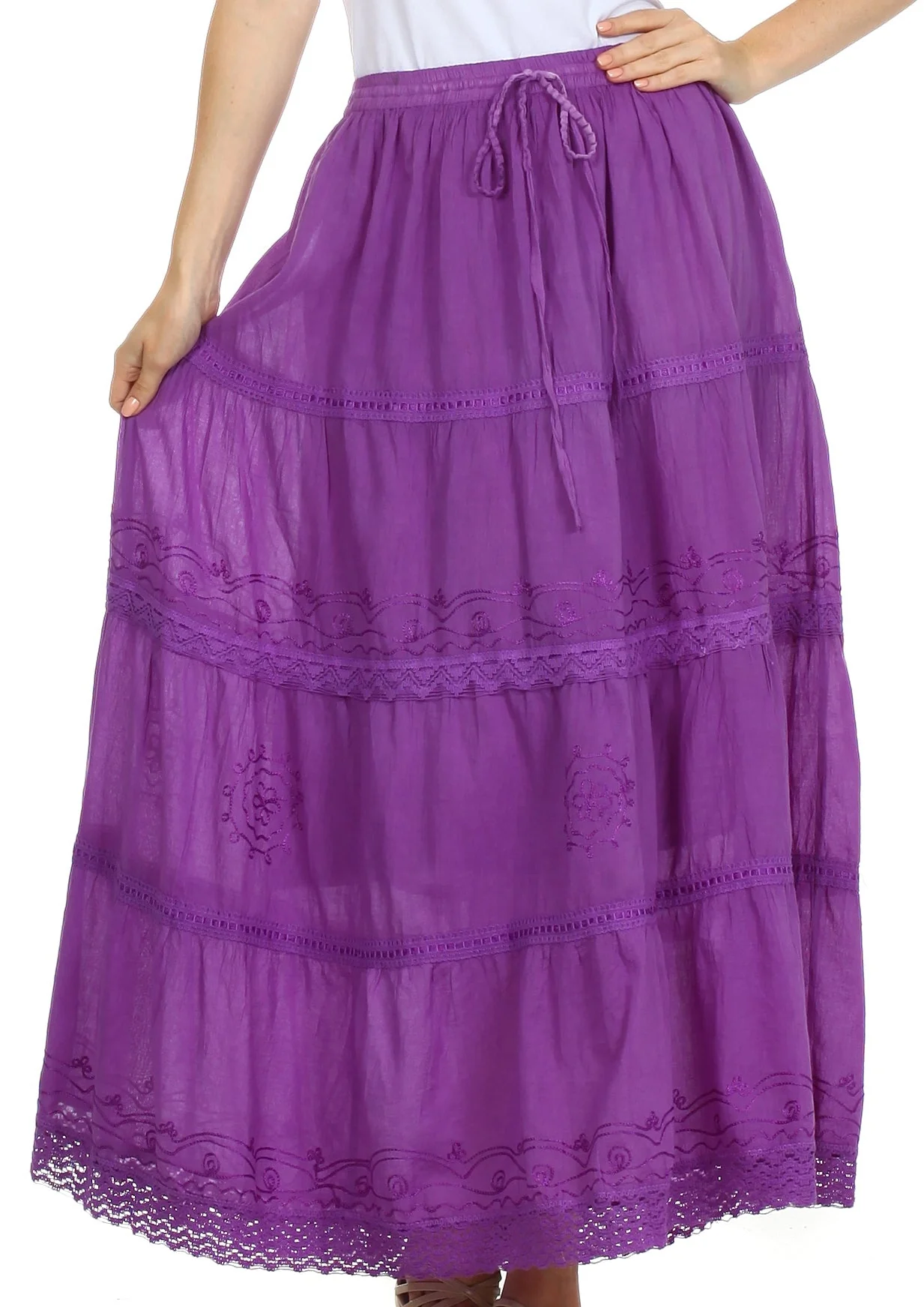 Sakkas Solid Embroidered Crochet Lace Trim Gypsy Bohemian Mid Length Cotton Skirt - Image 41