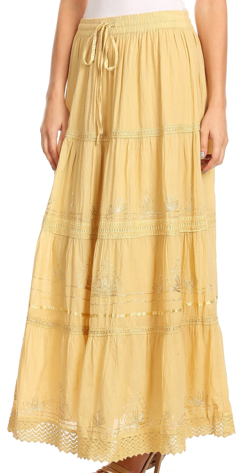 Sakkas Solid Embroidered Crochet Lace Trim Gypsy Bohemian Mid Length Cotton Skirt - Image 61