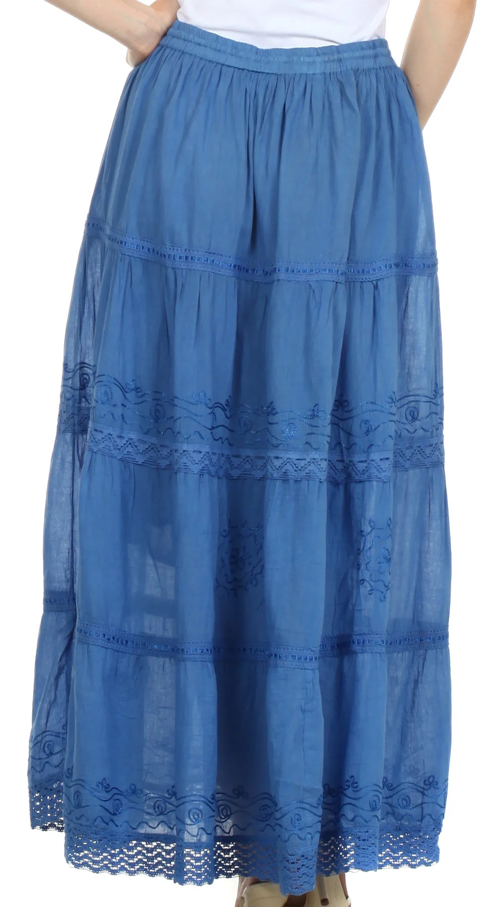 Sakkas Solid Embroidered Crochet Lace Trim Gypsy Bohemian Mid Length Cotton Skirt - Image 8