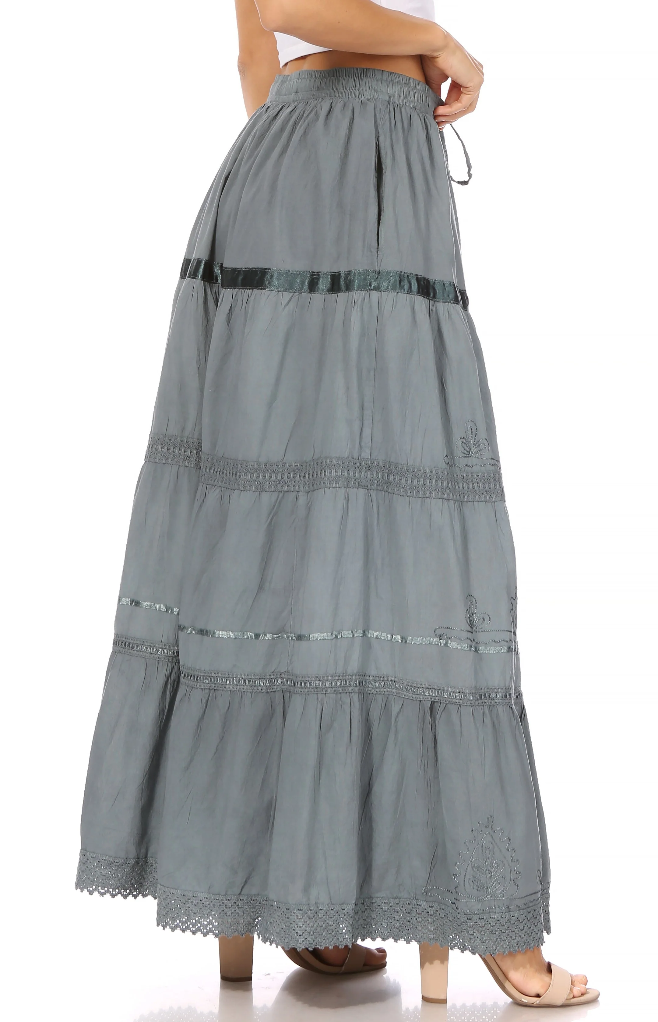 Sakkas Solid Embroidered Gypsy / Bohemian Full / Maxi / Long Cotton Skirt - Image 4