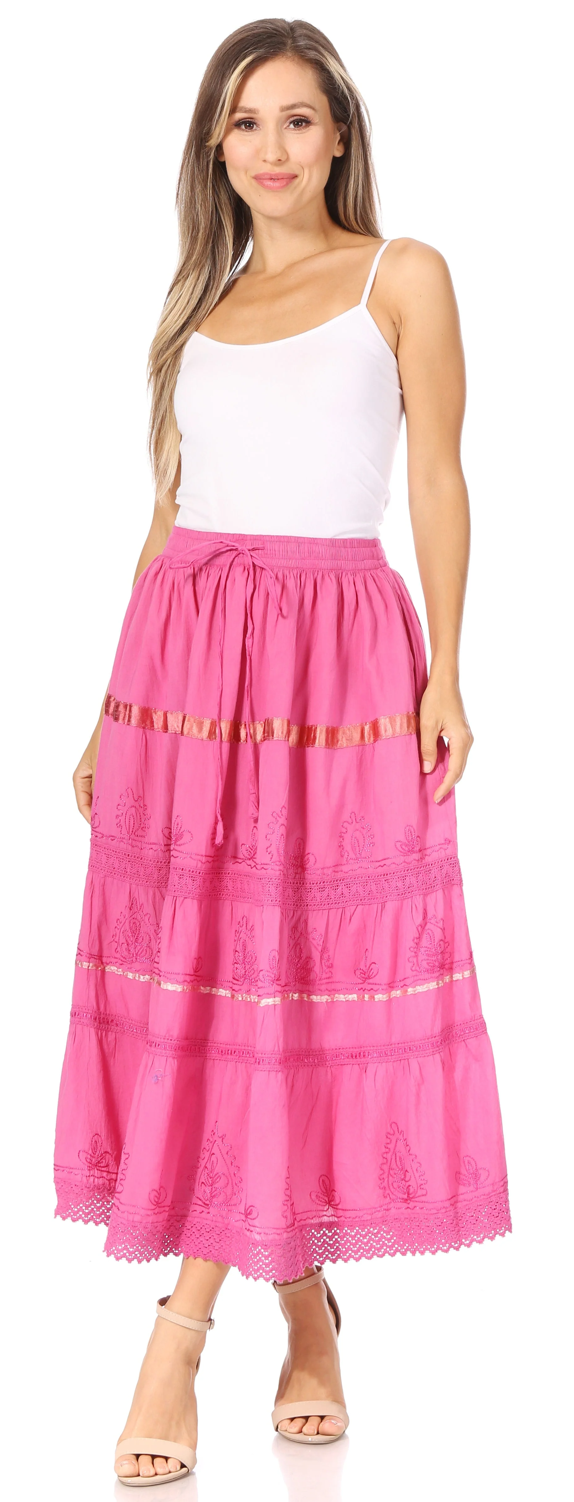 Sakkas Solid Embroidered Gypsy / Bohemian Full / Maxi / Long Cotton Skirt - Image 74