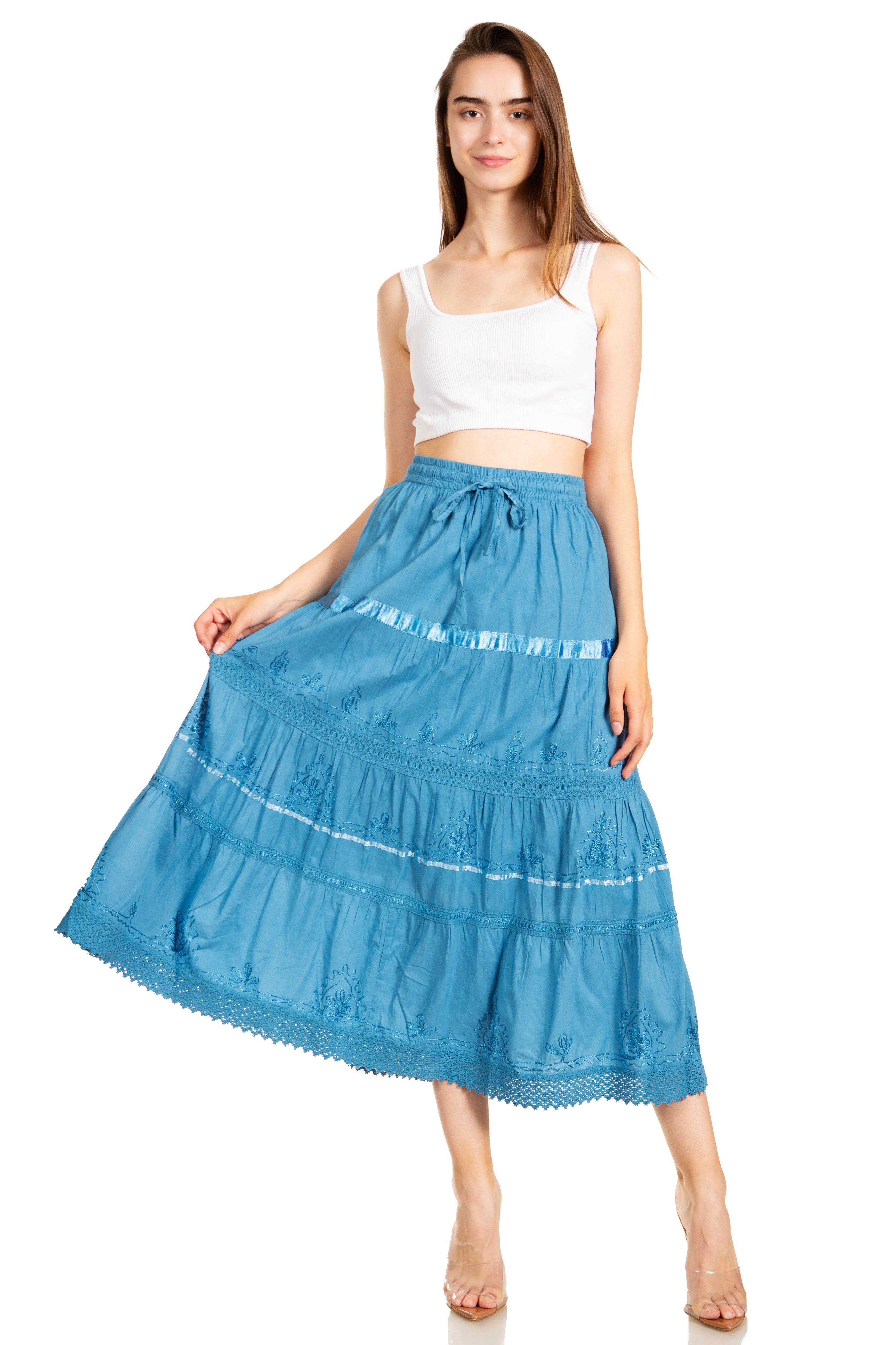 Sakkas Solid Embroidered Gypsy / Bohemian Mid Length Cotton Skirt - Image 12