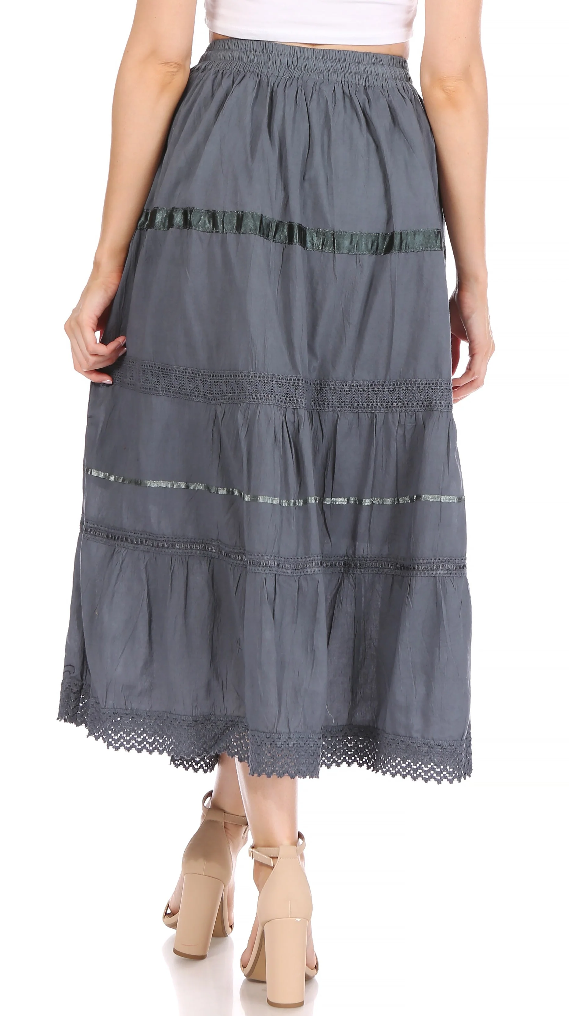 Sakkas Solid Embroidered Gypsy / Bohemian Mid Length Cotton Skirt - Image 16