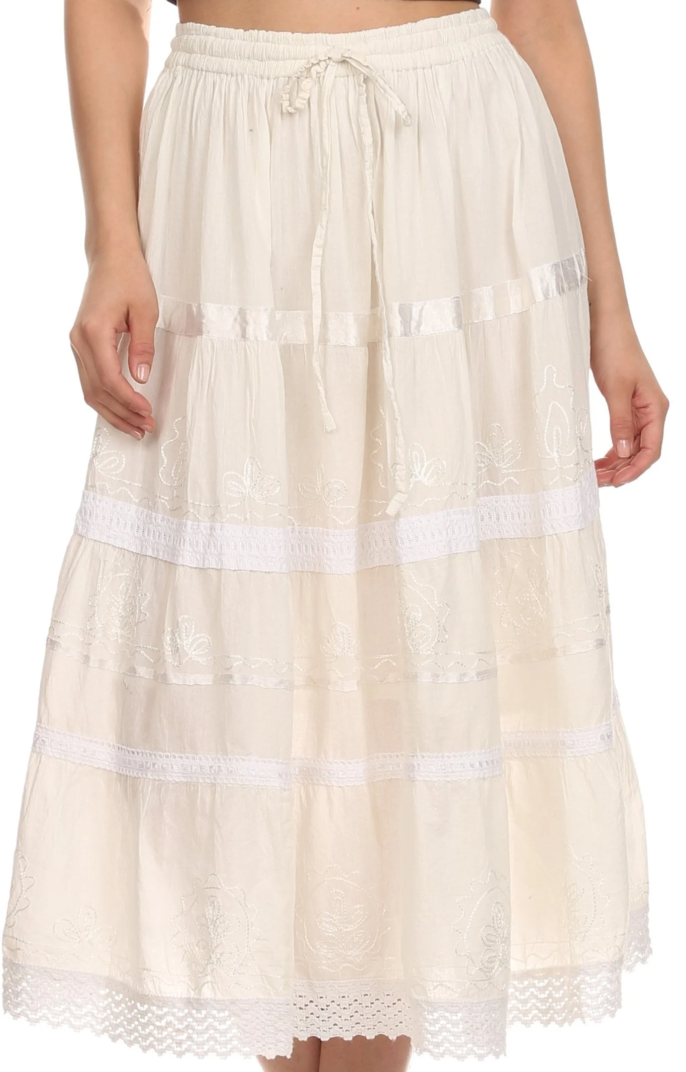 Sakkas Solid Embroidered Gypsy / Bohemian Mid Length Cotton Skirt - Image 20