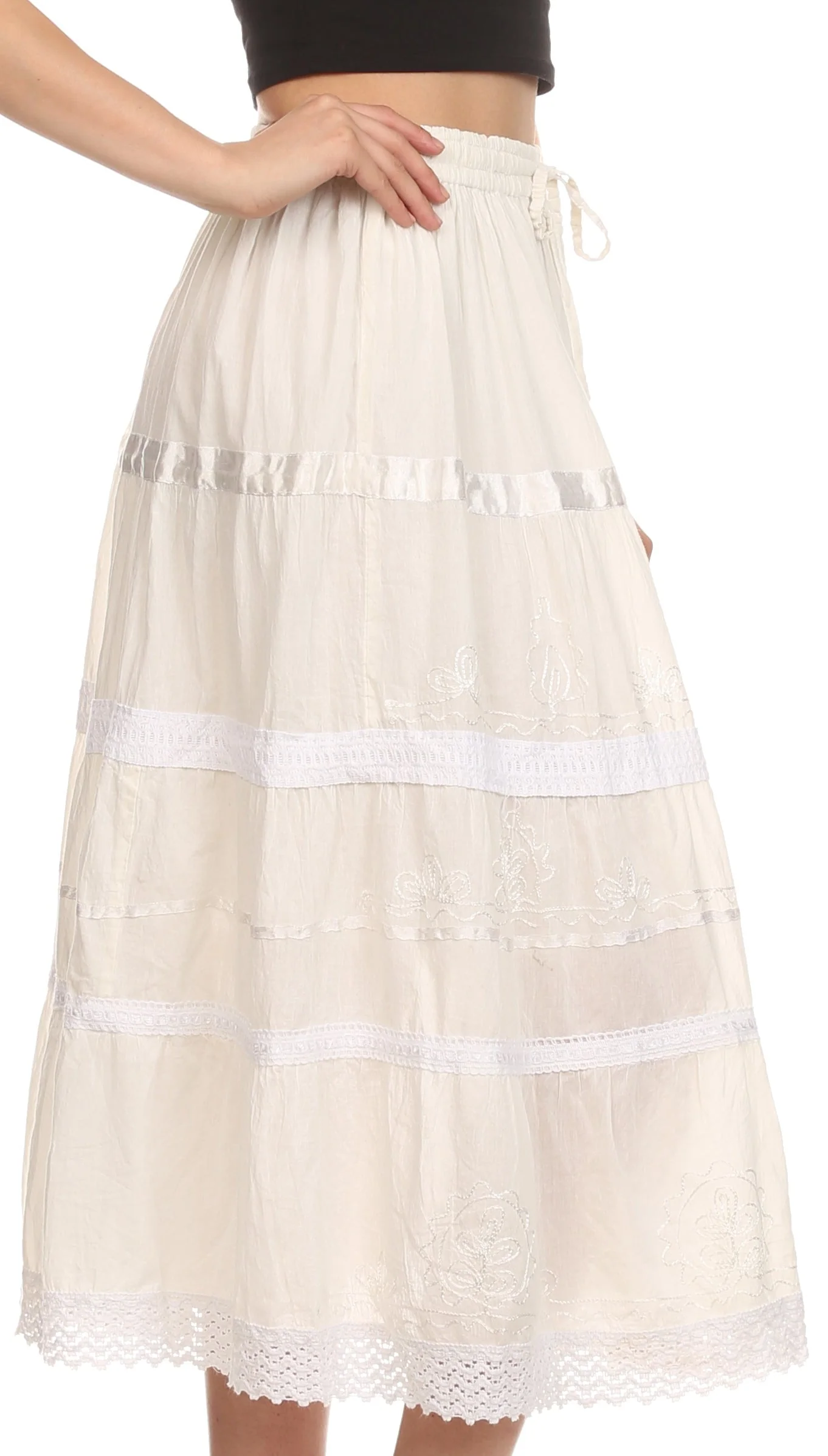 Sakkas Solid Embroidered Gypsy / Bohemian Mid Length Cotton Skirt - Image 22