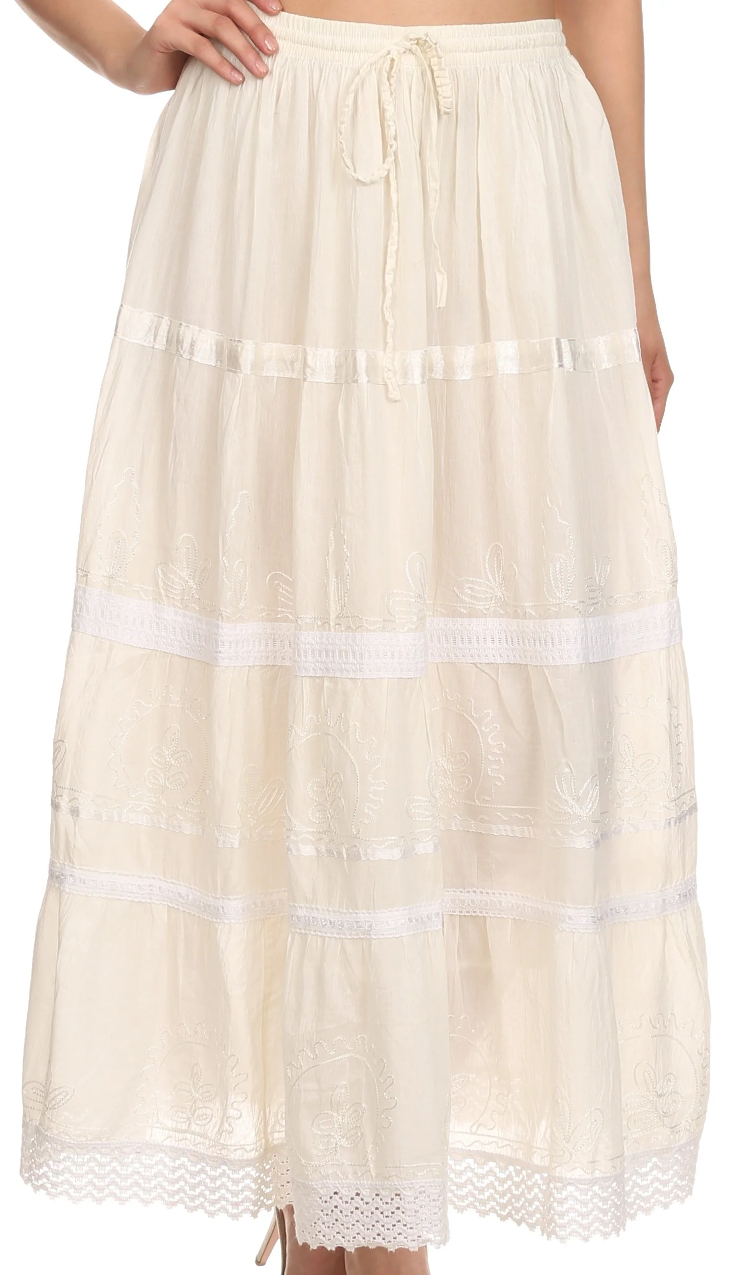Sakkas Solid Embroidered Gypsy / Bohemian Mid Length Cotton Skirt - Image 23