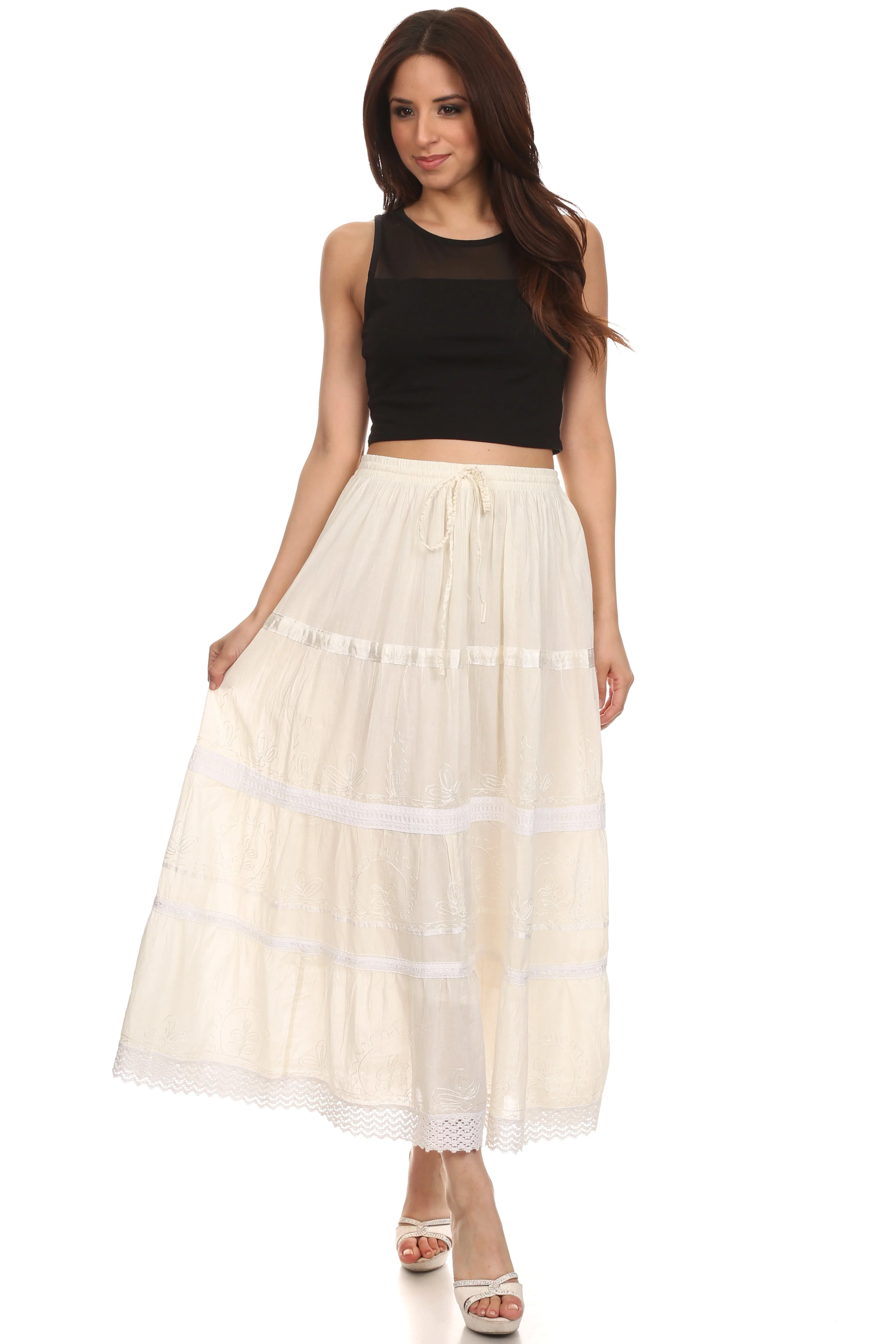 Sakkas Solid Embroidered Gypsy / Bohemian Mid Length Cotton Skirt - Image 24