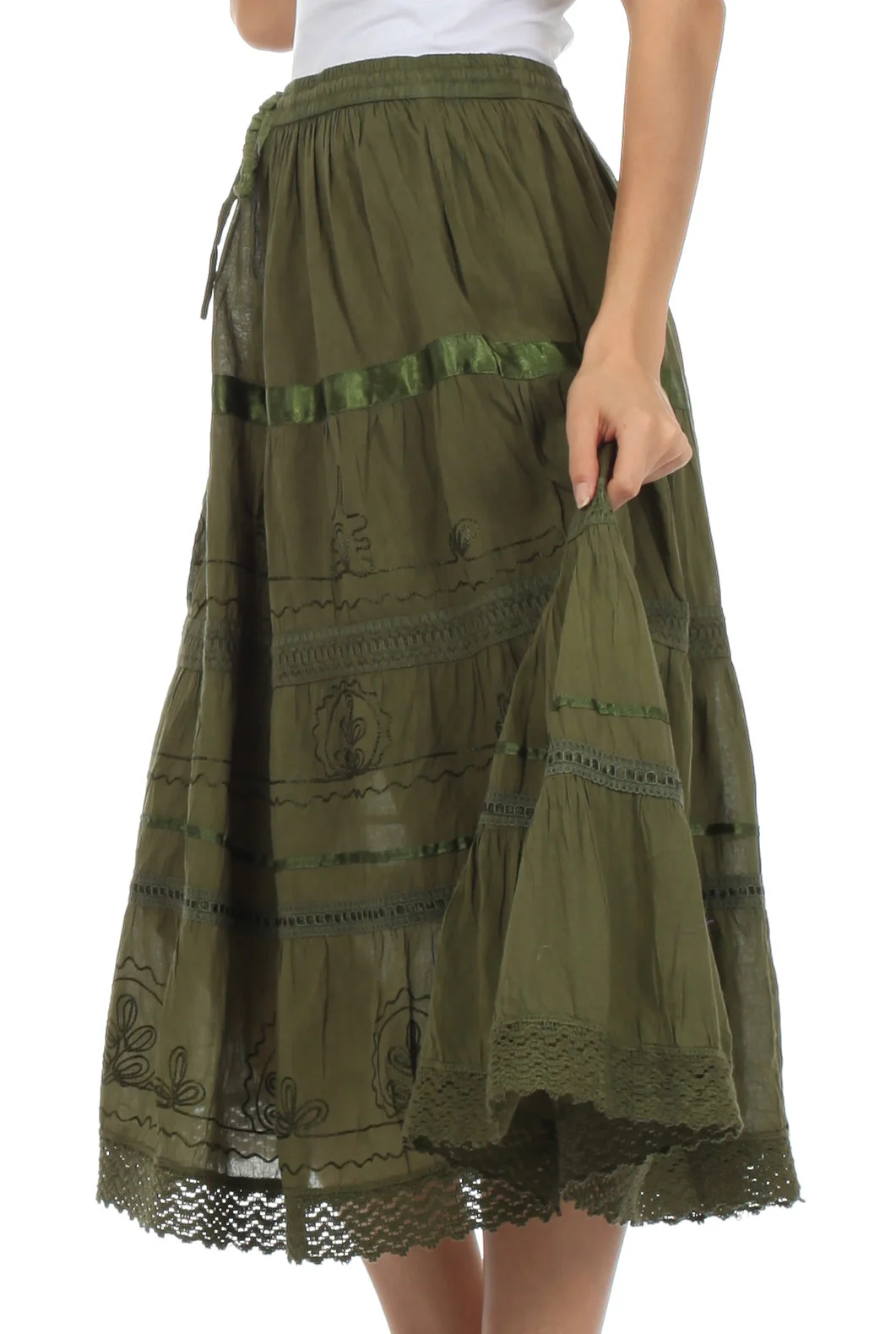 Sakkas Solid Embroidered Gypsy / Bohemian Mid Length Cotton Skirt - Image 28