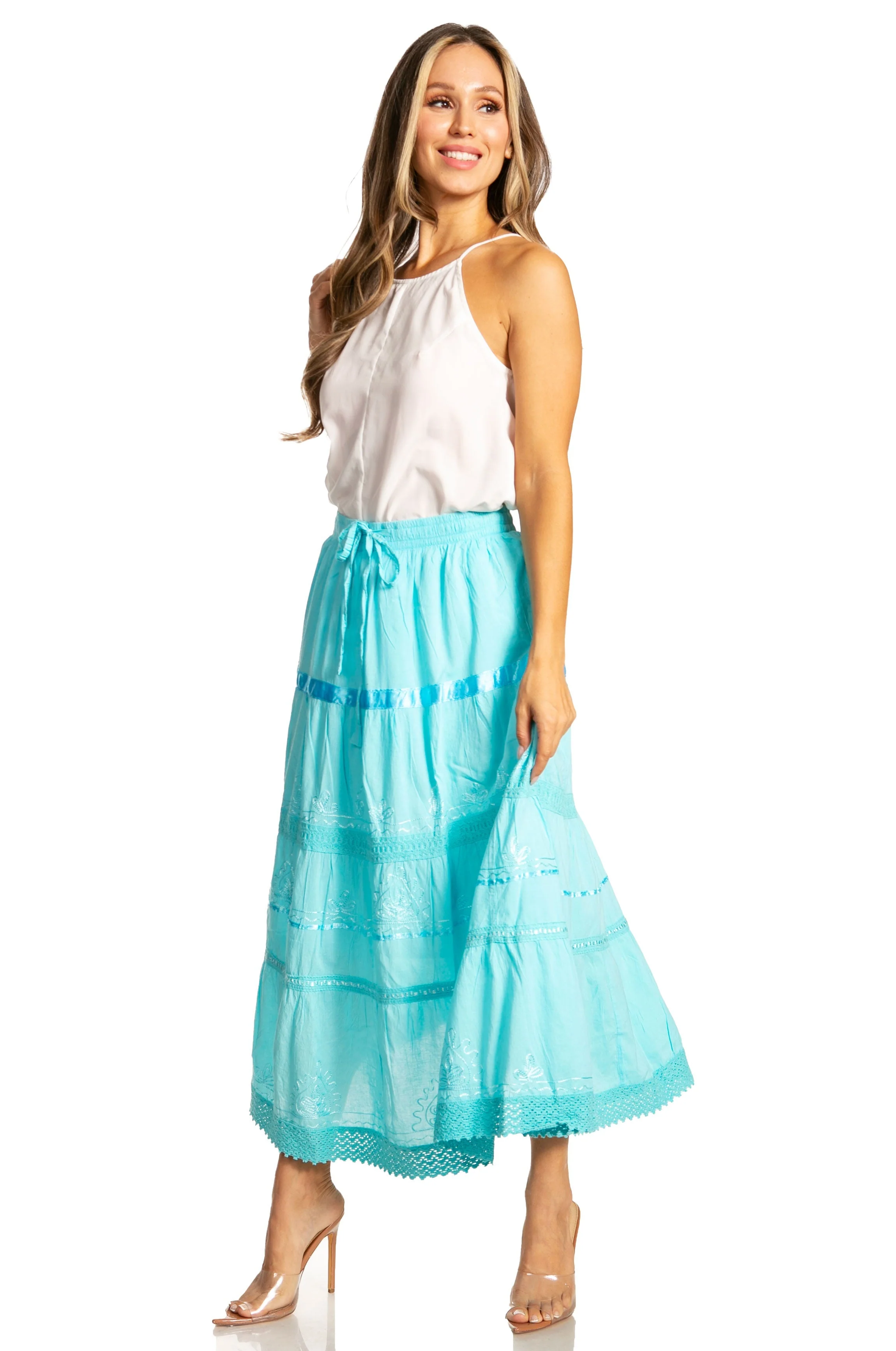 Sakkas Solid Embroidered Gypsy / Bohemian Mid Length Cotton Skirt - Image 3