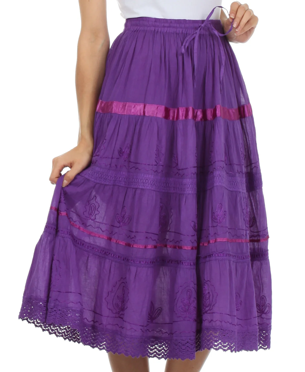 Sakkas Solid Embroidered Gypsy / Bohemian Mid Length Cotton Skirt - Image 32