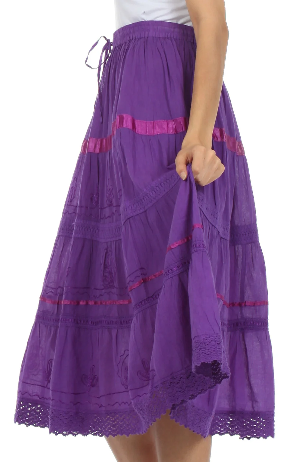 Sakkas Solid Embroidered Gypsy / Bohemian Mid Length Cotton Skirt - Image 33