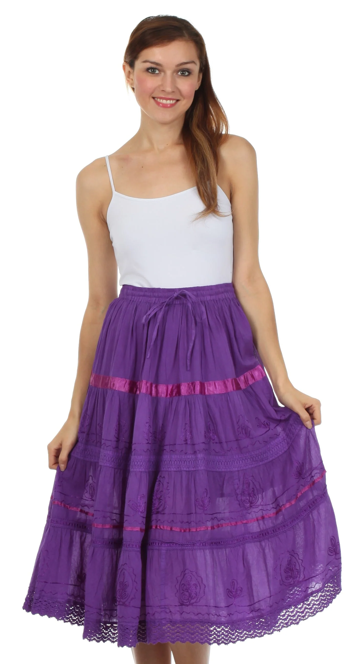 Sakkas Solid Embroidered Gypsy / Bohemian Mid Length Cotton Skirt - Image 34
