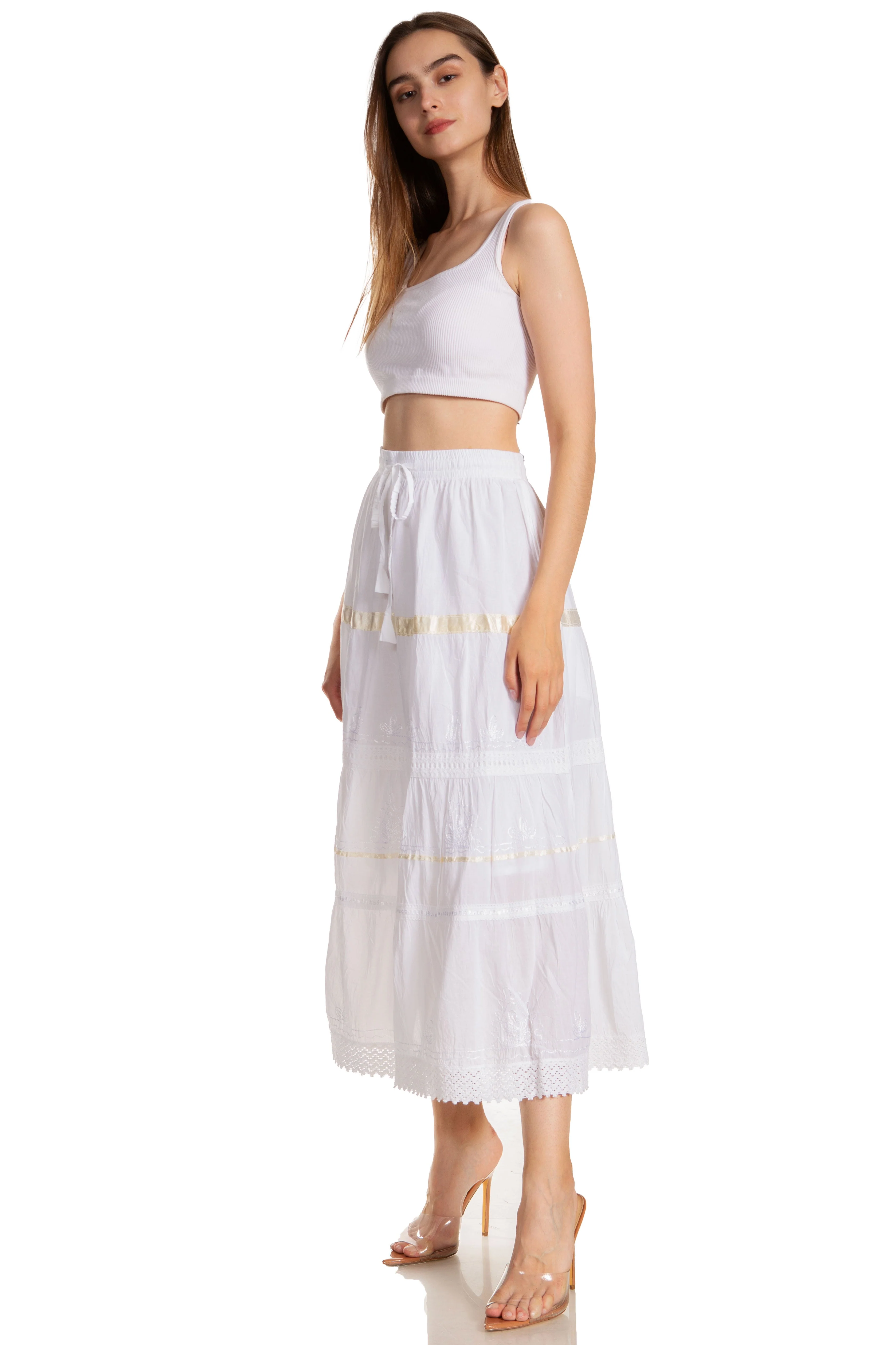 Sakkas Solid Embroidered Gypsy / Bohemian Mid Length Cotton Skirt - Image 43
