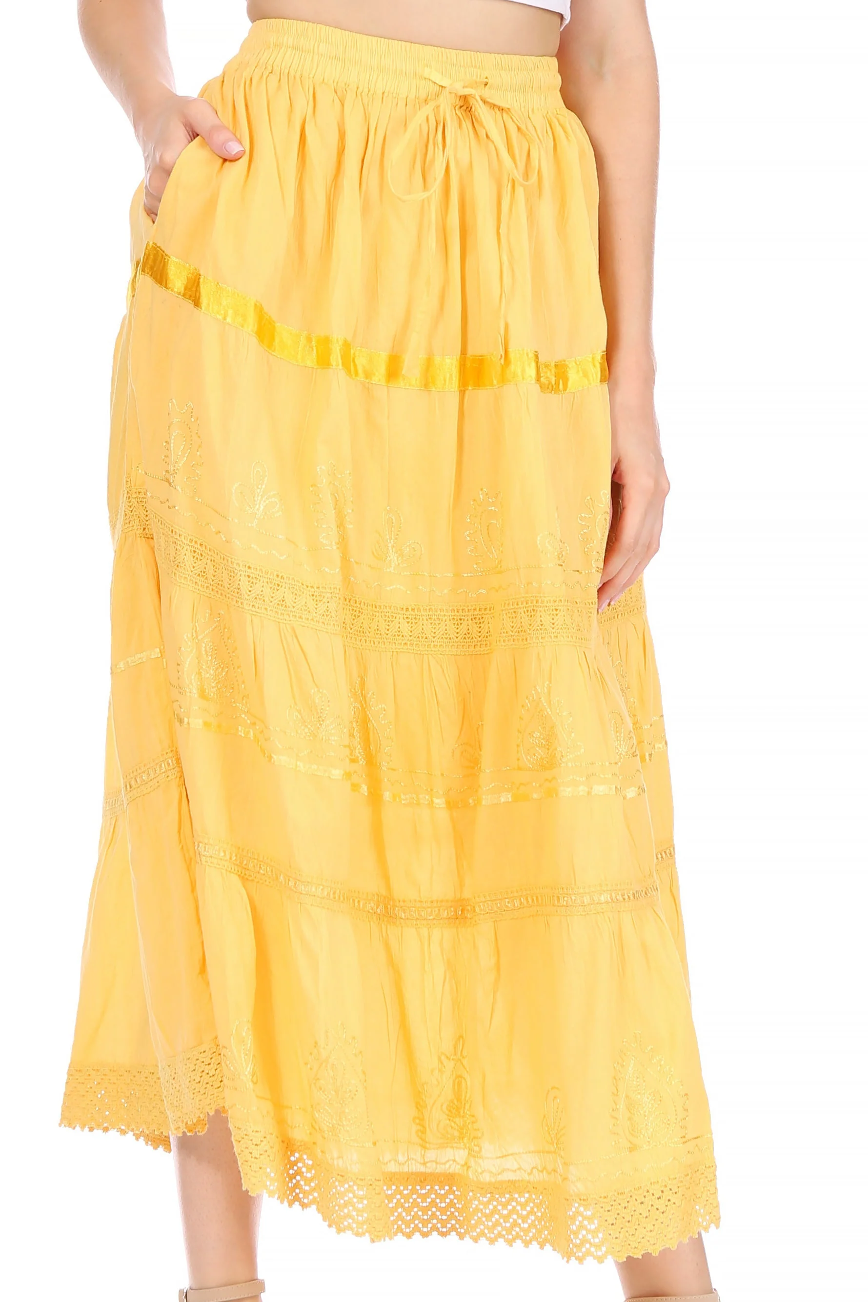 Sakkas Solid Embroidered Gypsy / Bohemian Mid Length Cotton Skirt - Image 45