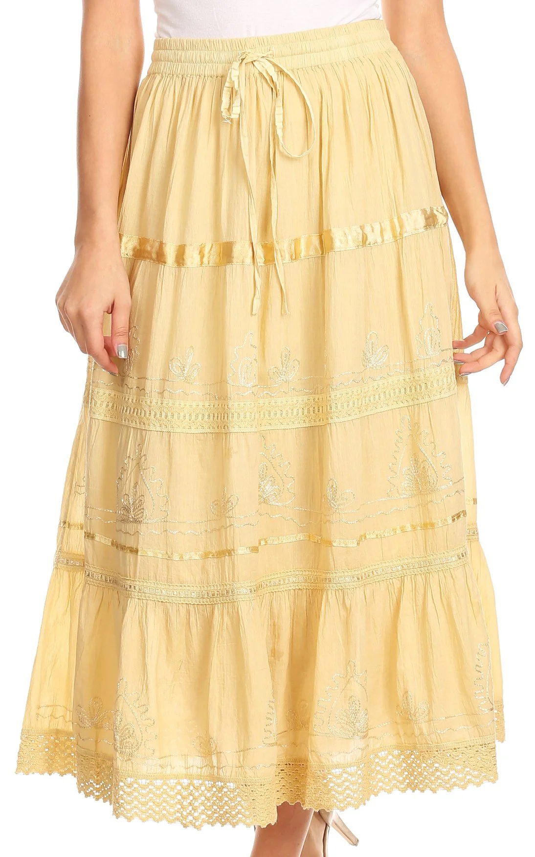 Sakkas Solid Embroidered Gypsy / Bohemian Mid Length Cotton Skirt - Image 50