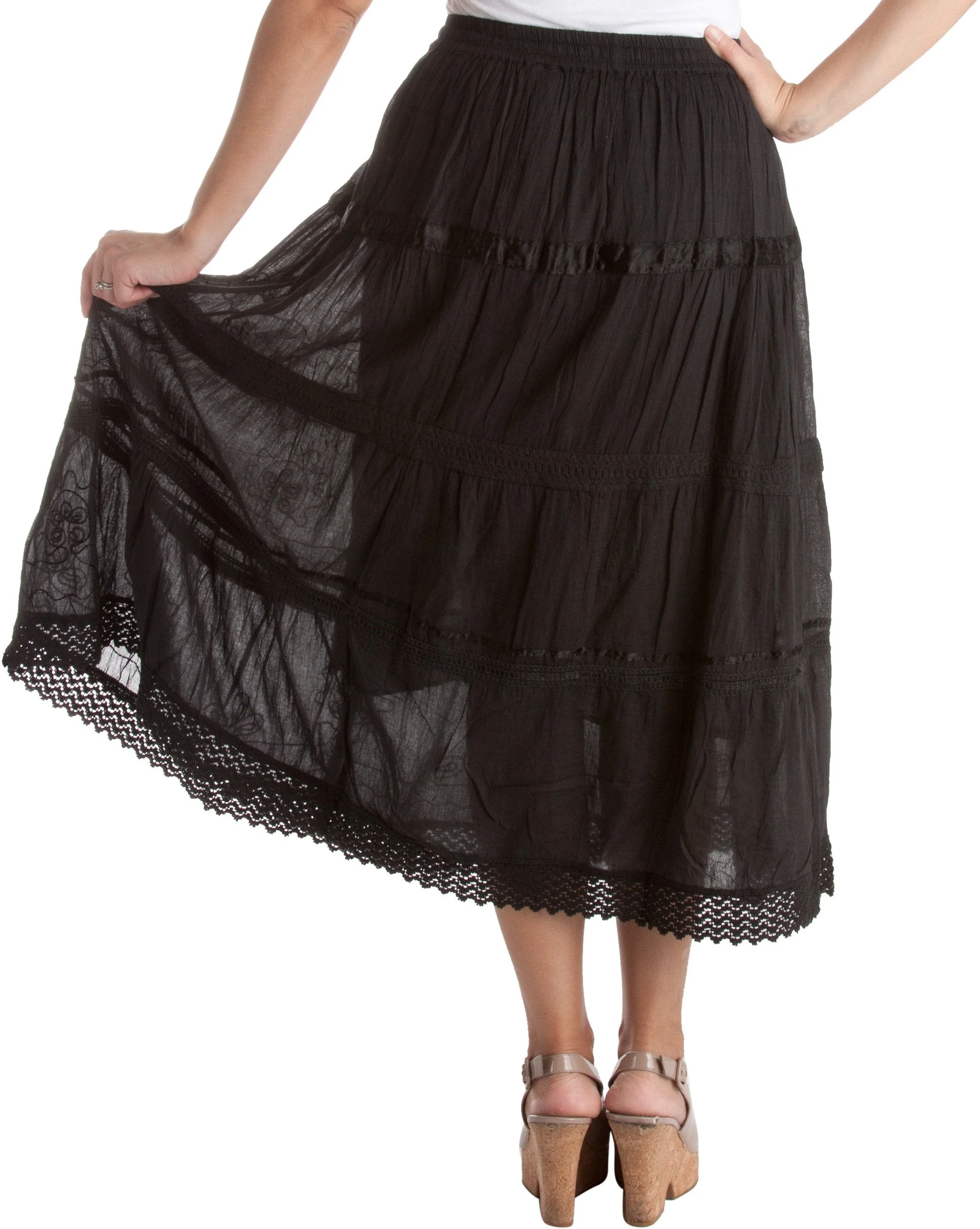 Sakkas Solid Embroidered Gypsy / Bohemian Mid Length Cotton Skirt - Image 7