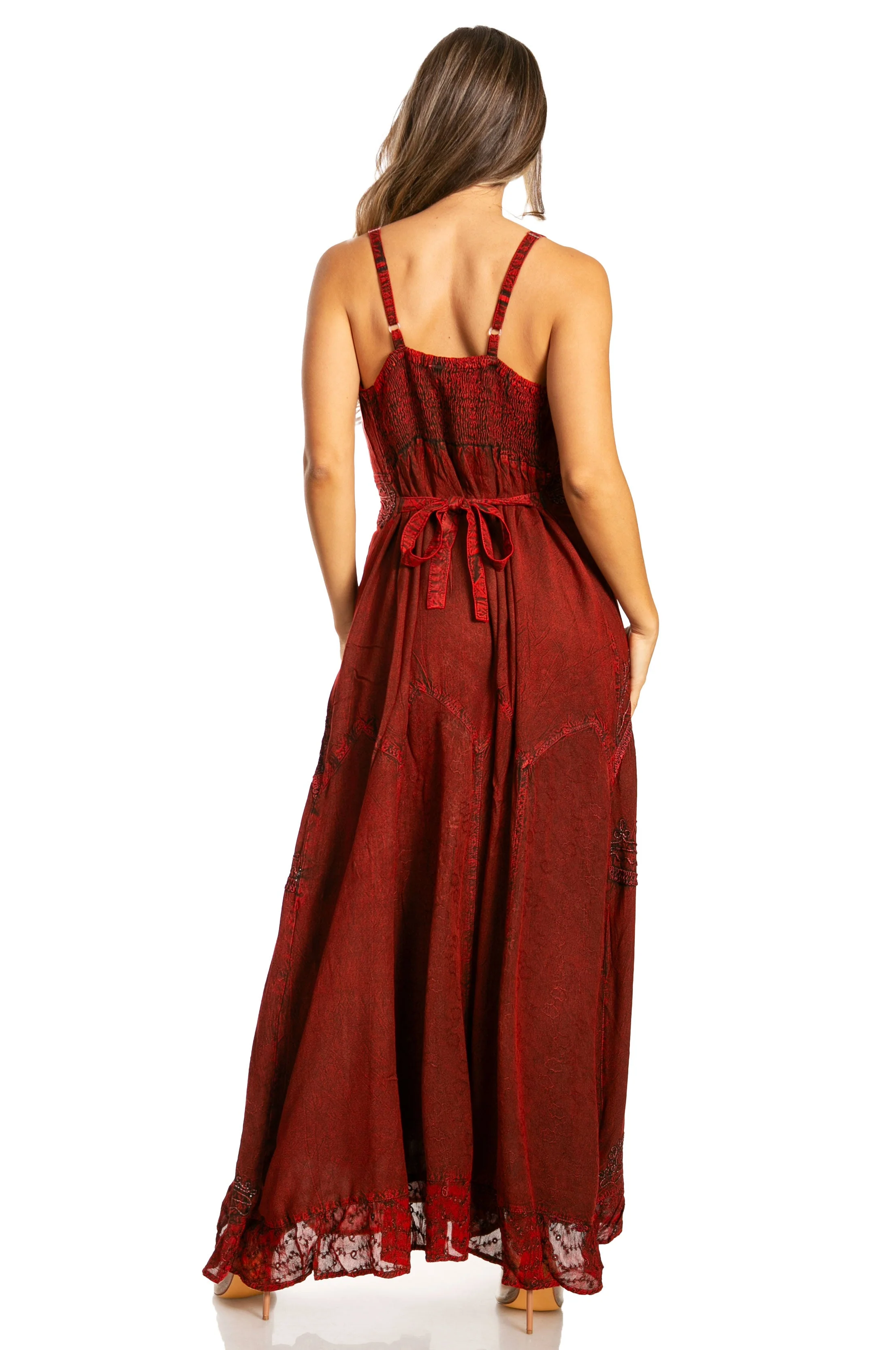 Sakkas Stonewashed Rayon Embroidered Adjustable Spaghetti Straps Long Dress - Image 14