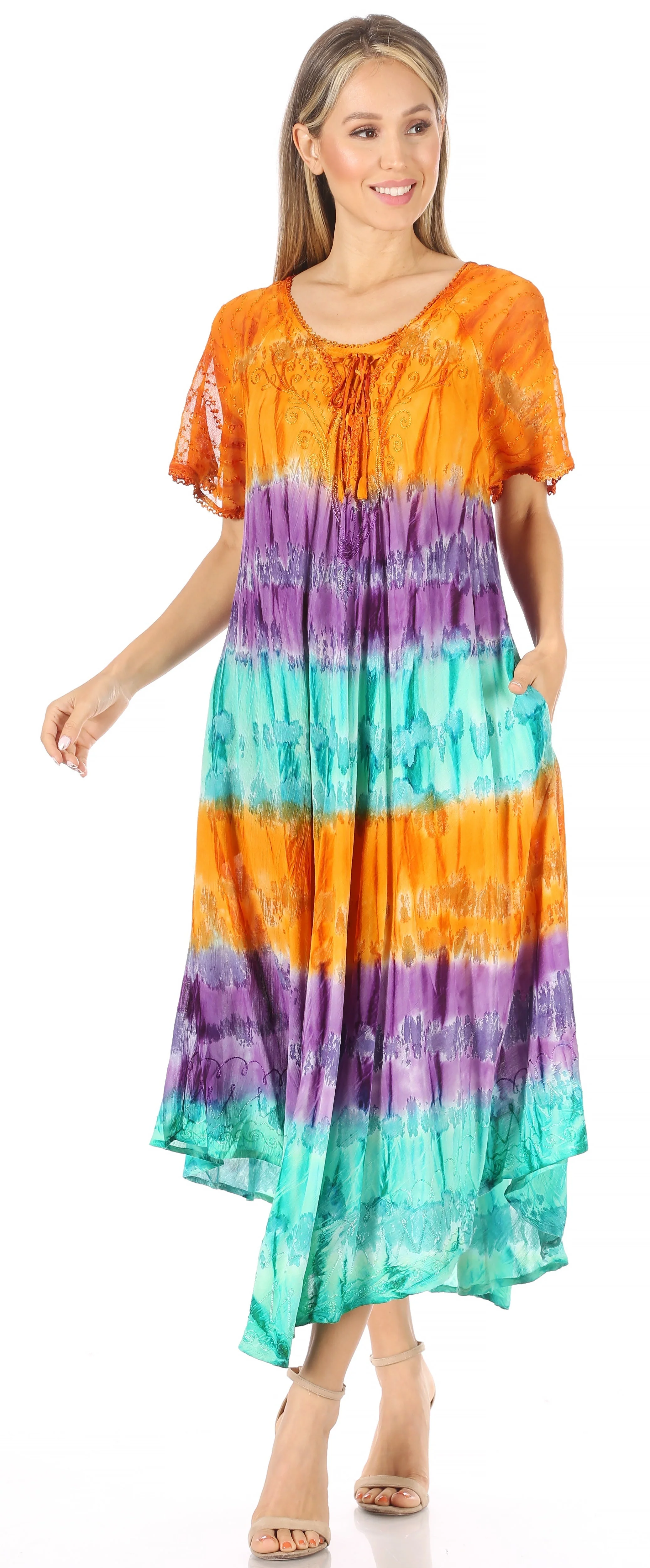Sakkas Sula Long Laced Tie-Dye Wide Neck Embroidered Boho Sundress Cover Up - Image 20