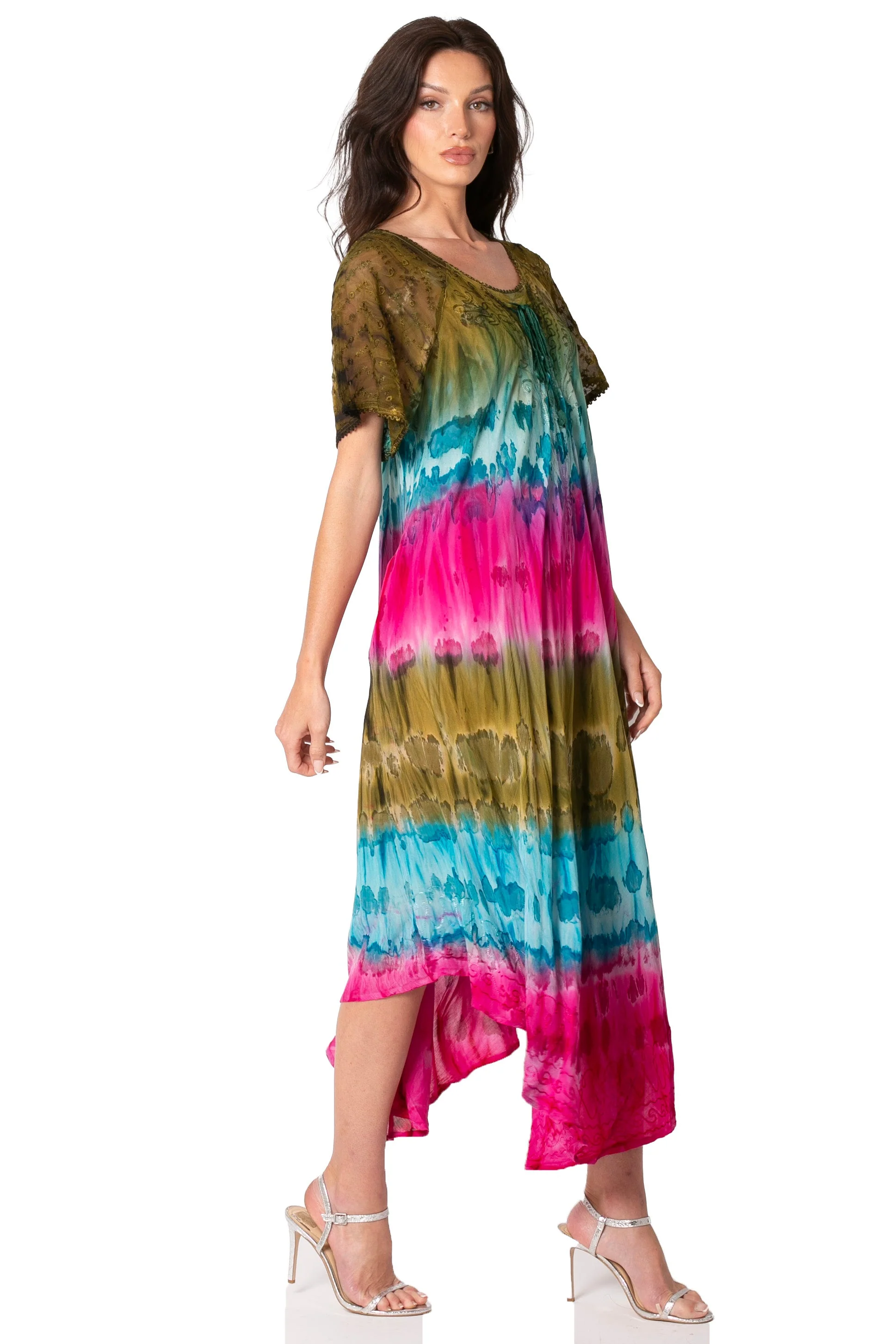 Sakkas Sula Long Laced Tie-Dye Wide Neck Embroidered Boho Sundress Cover Up - Image 49