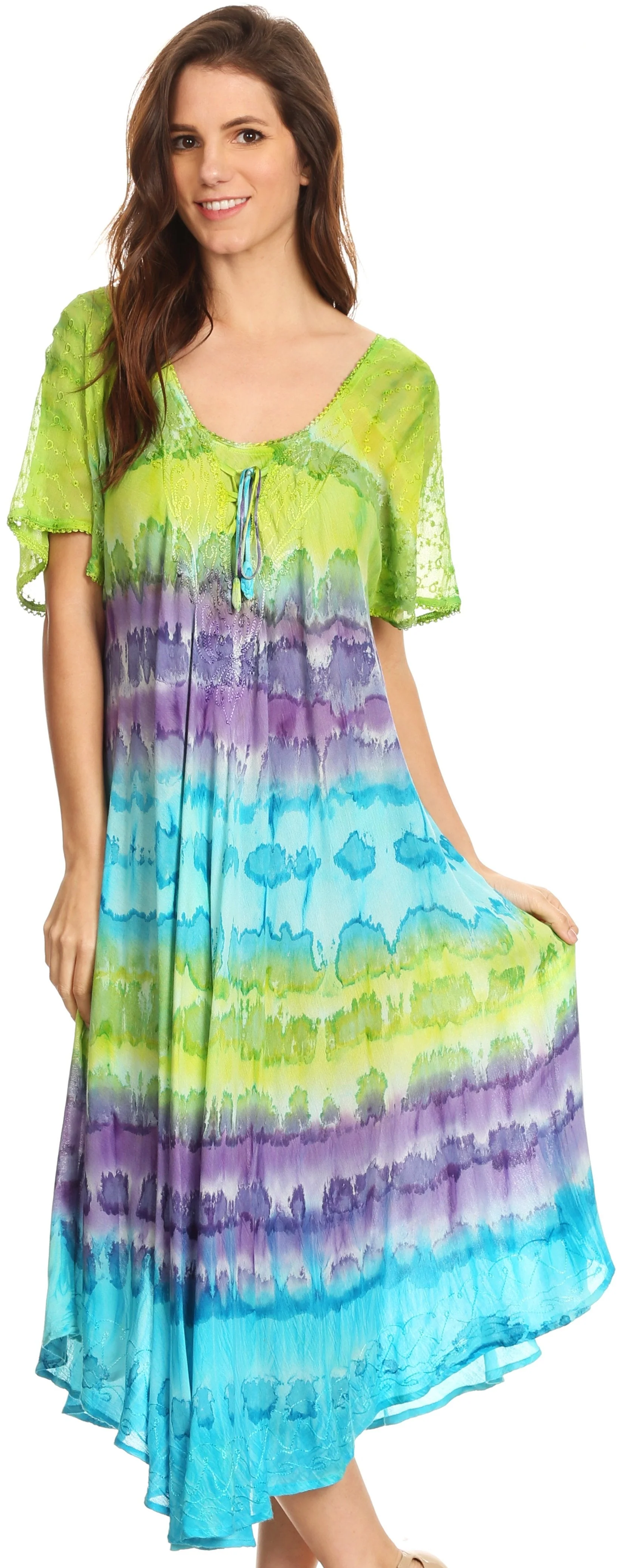 Sakkas Sula Long Laced Tie-Dye Wide Neck Embroidered Boho Sundress Cover Up - Image 5