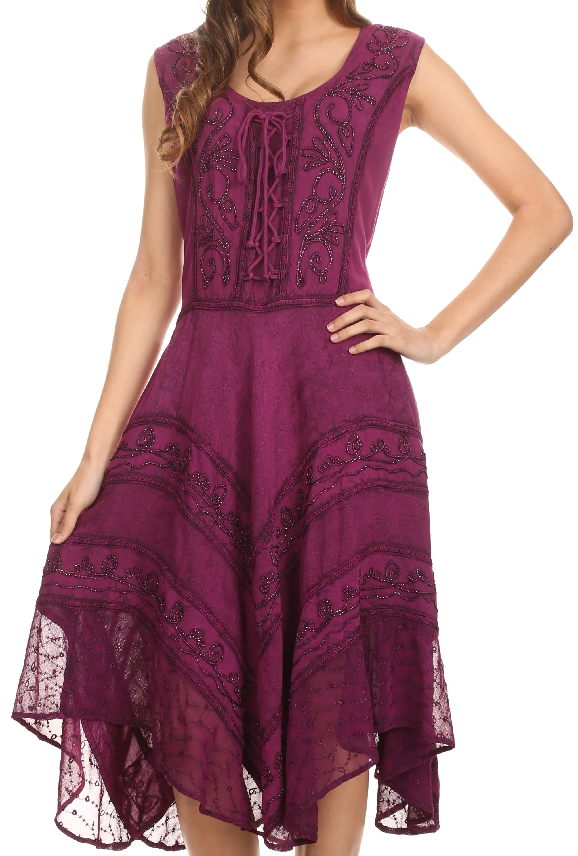 Sakkas Sundara Stonewashed Rayon Embroidered Mid Length Dress - Image 79