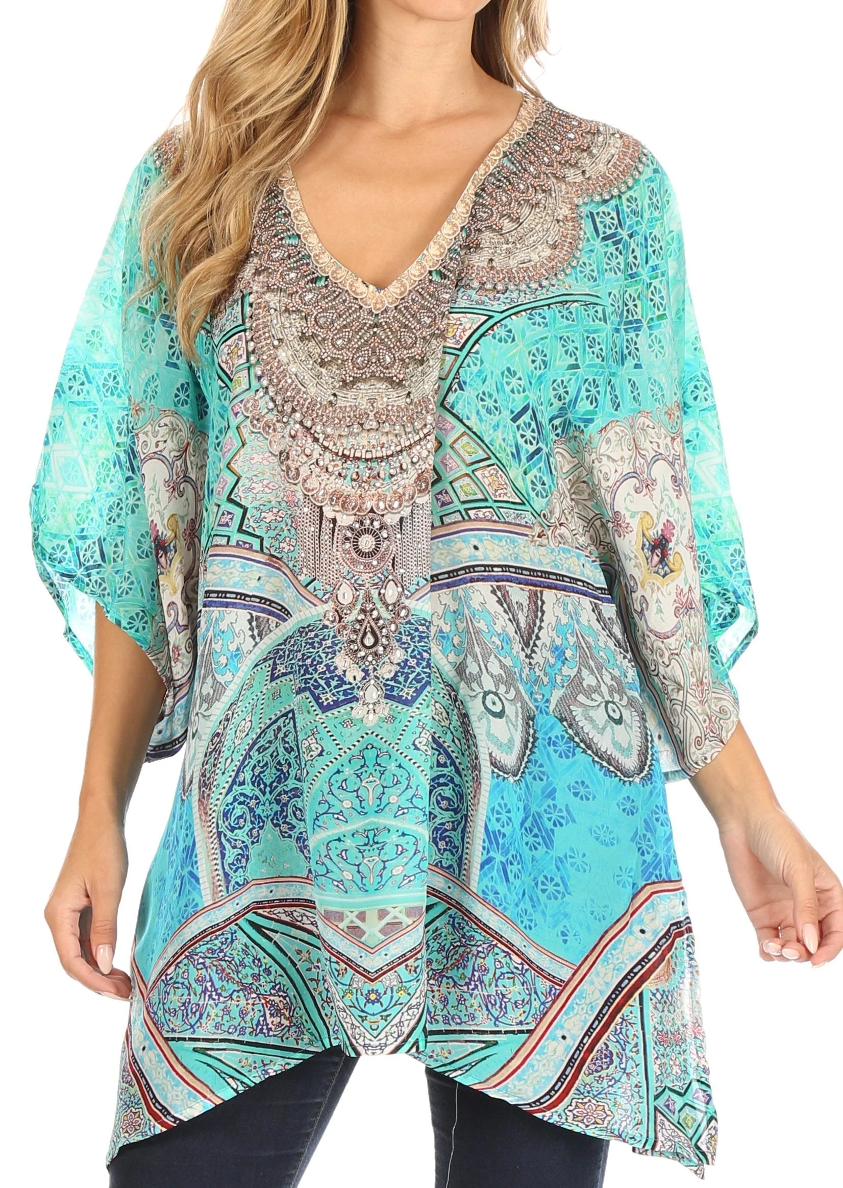 Sakkas Tanya Women's Short Sleeve Floral Print Loose Blouse Tunic V-neck Silky - Image 11