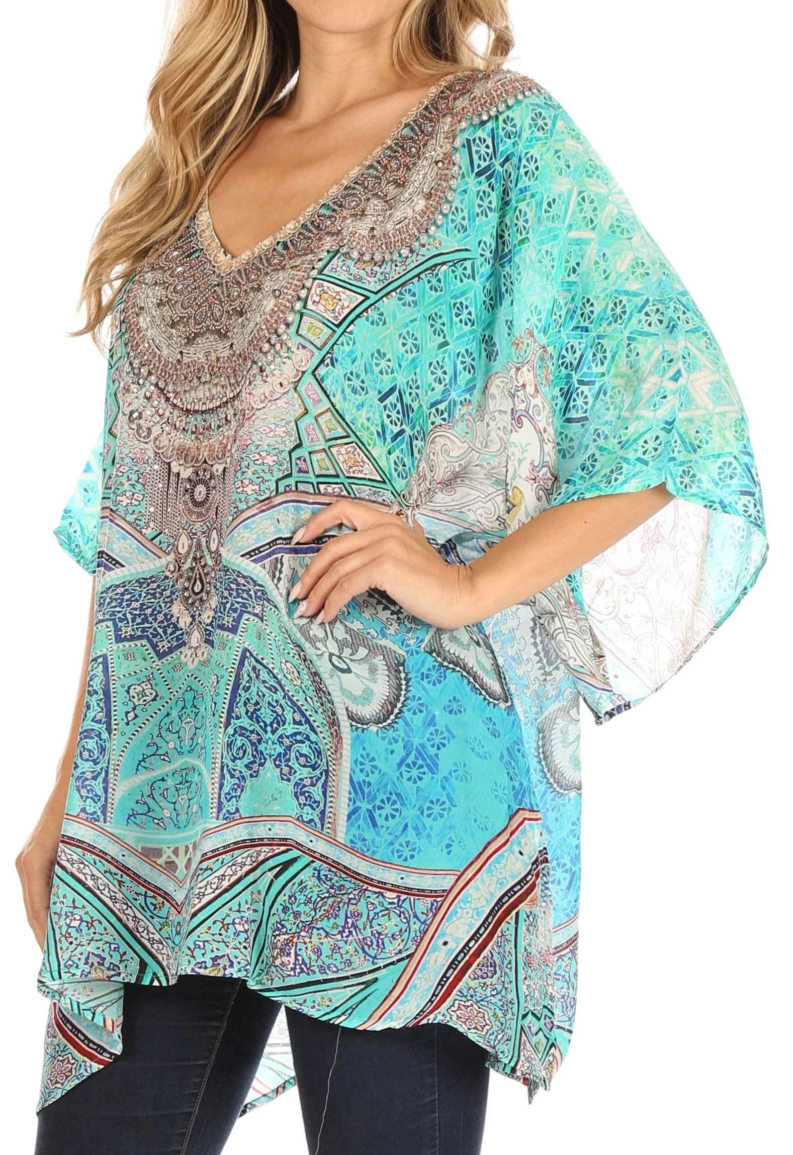 Sakkas Tanya Women's Short Sleeve Floral Print Loose Blouse Tunic V-neck Silky - Image 12
