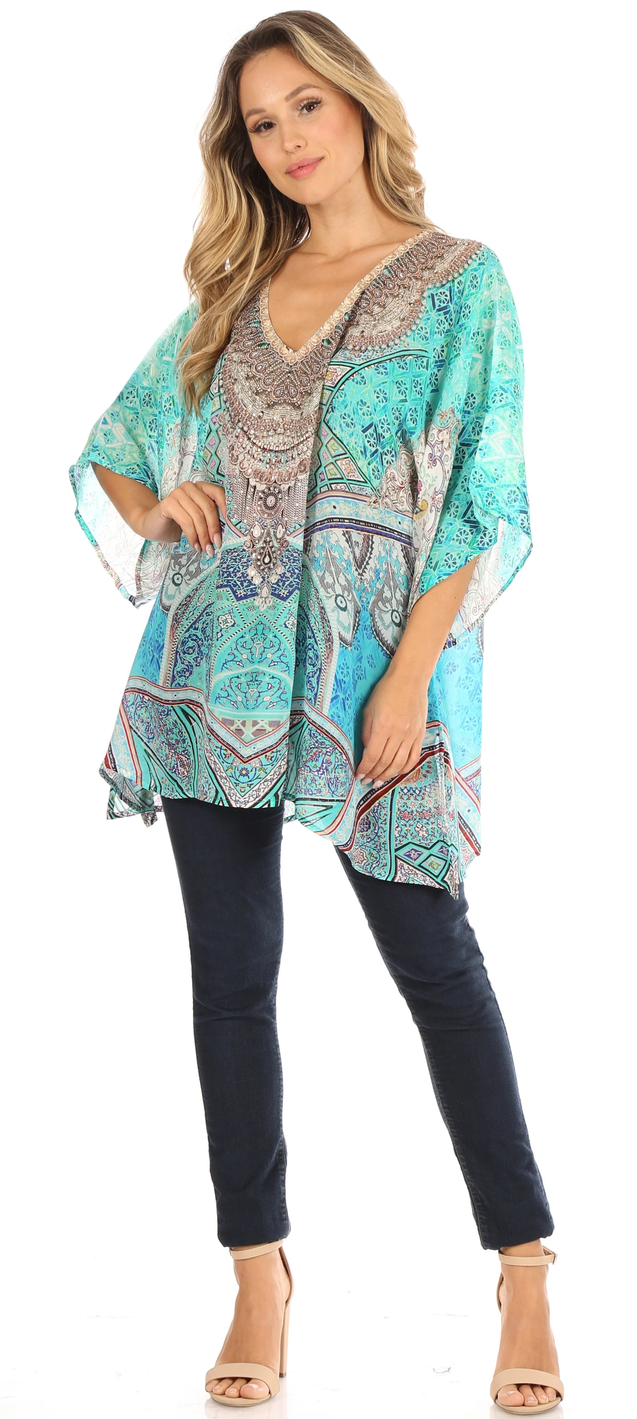 Sakkas Tanya Women's Short Sleeve Floral Print Loose Blouse Tunic V-neck Silky - Image 15