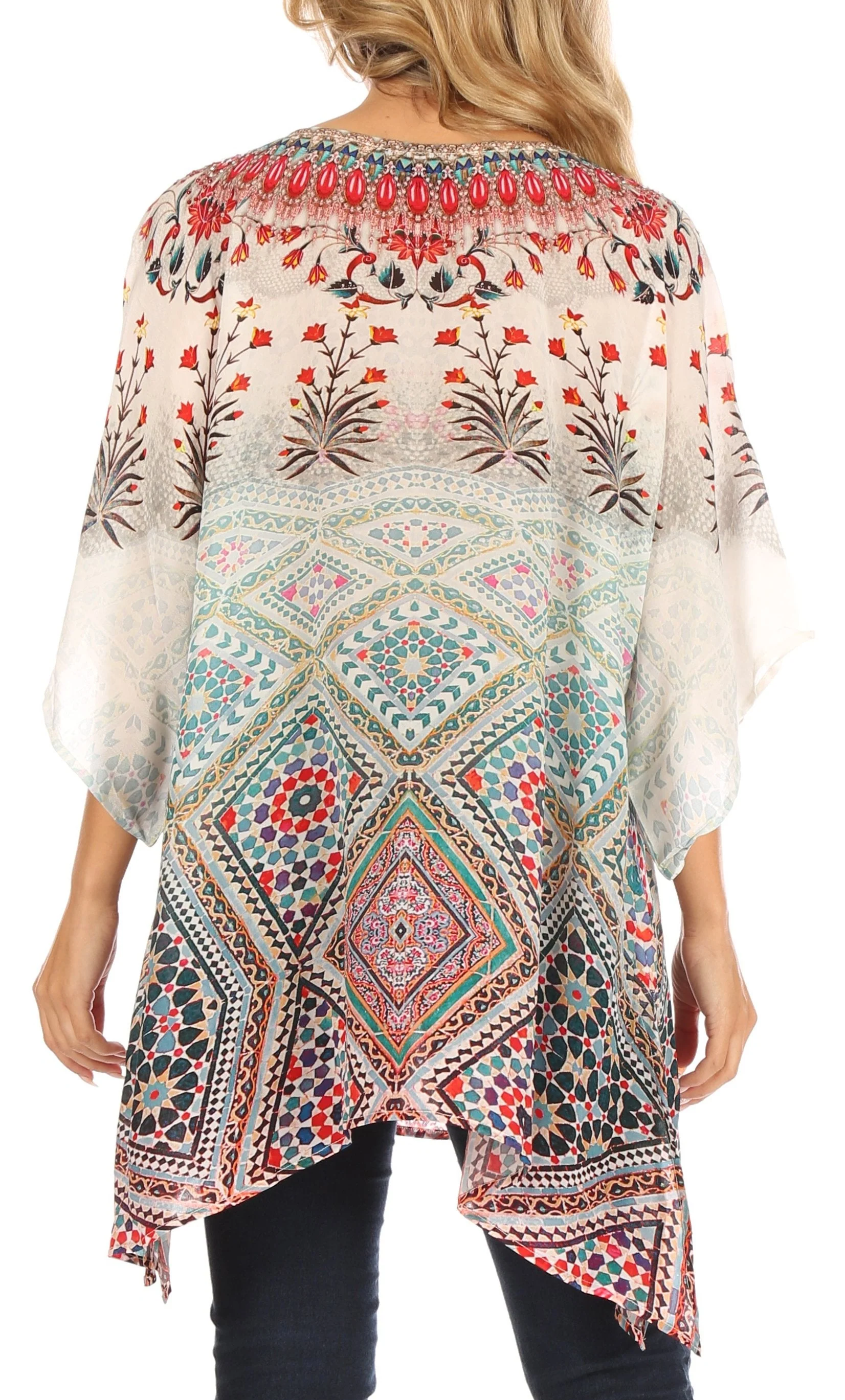 Sakkas Tanya Women's Short Sleeve Floral Print Loose Blouse Tunic V-neck Silky - Image 2