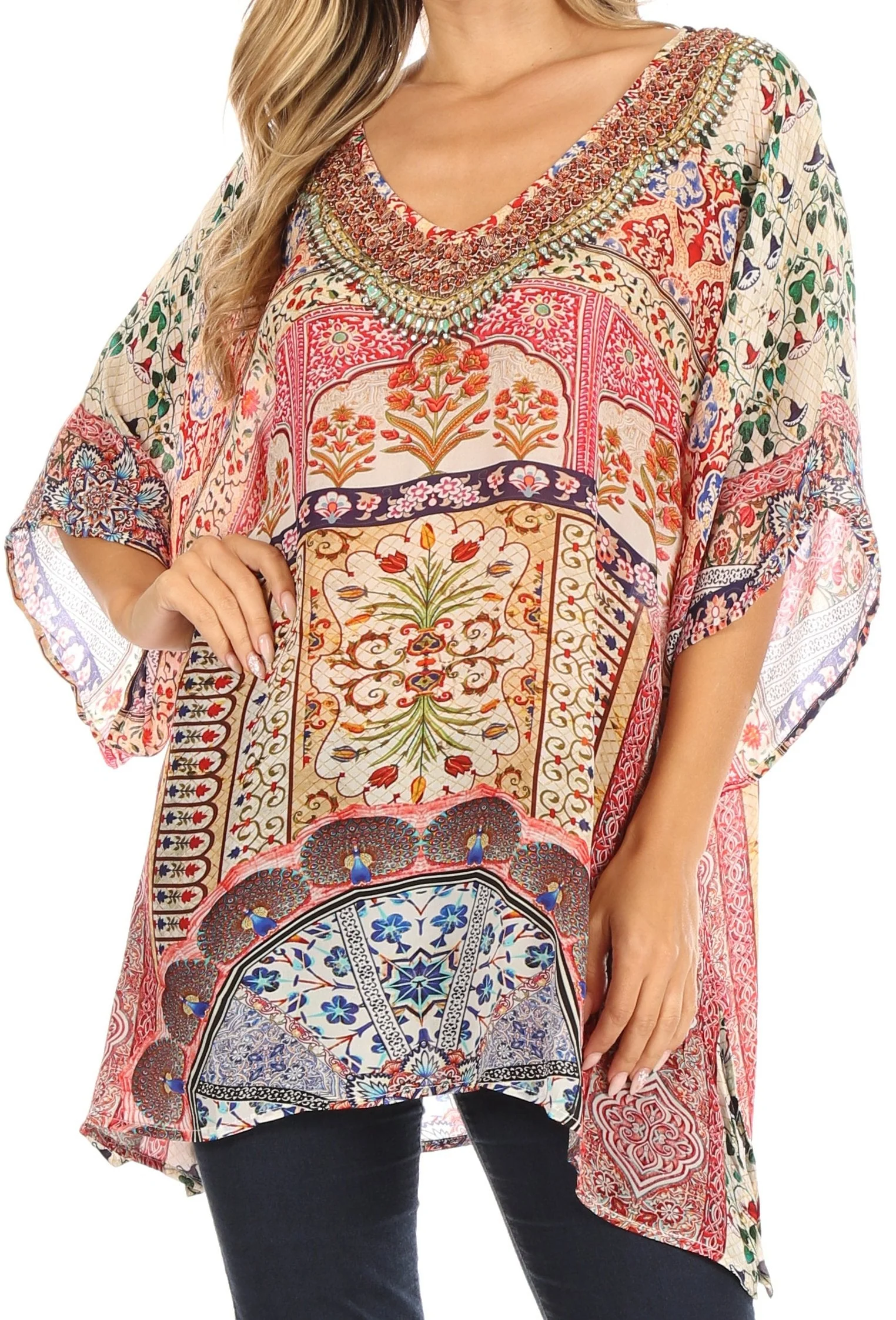 Sakkas Tanya Women's Short Sleeve Floral Print Loose Blouse Tunic V-neck Silky - Image 6