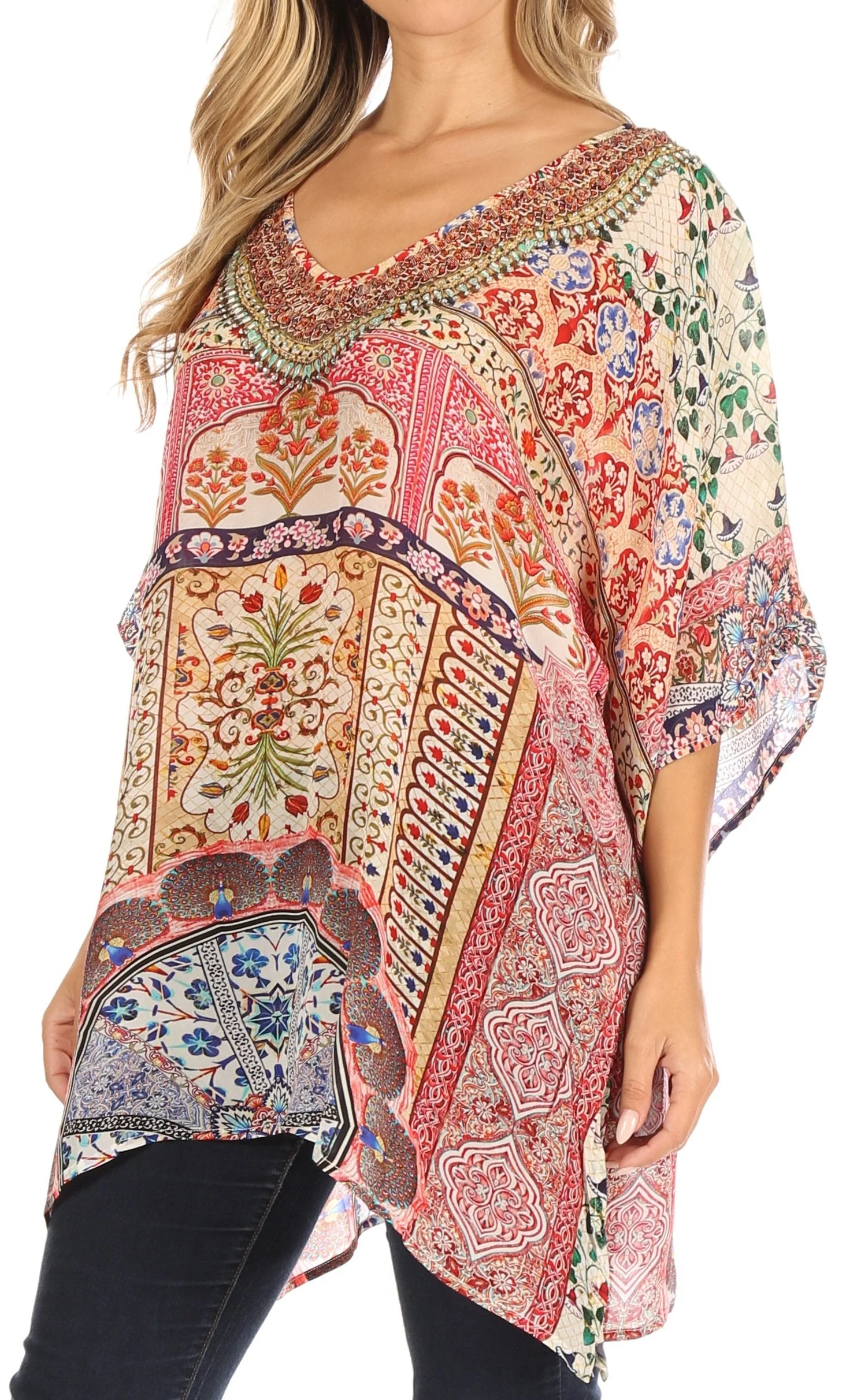 Sakkas Tanya Women's Short Sleeve Floral Print Loose Blouse Tunic V-neck Silky - Image 8