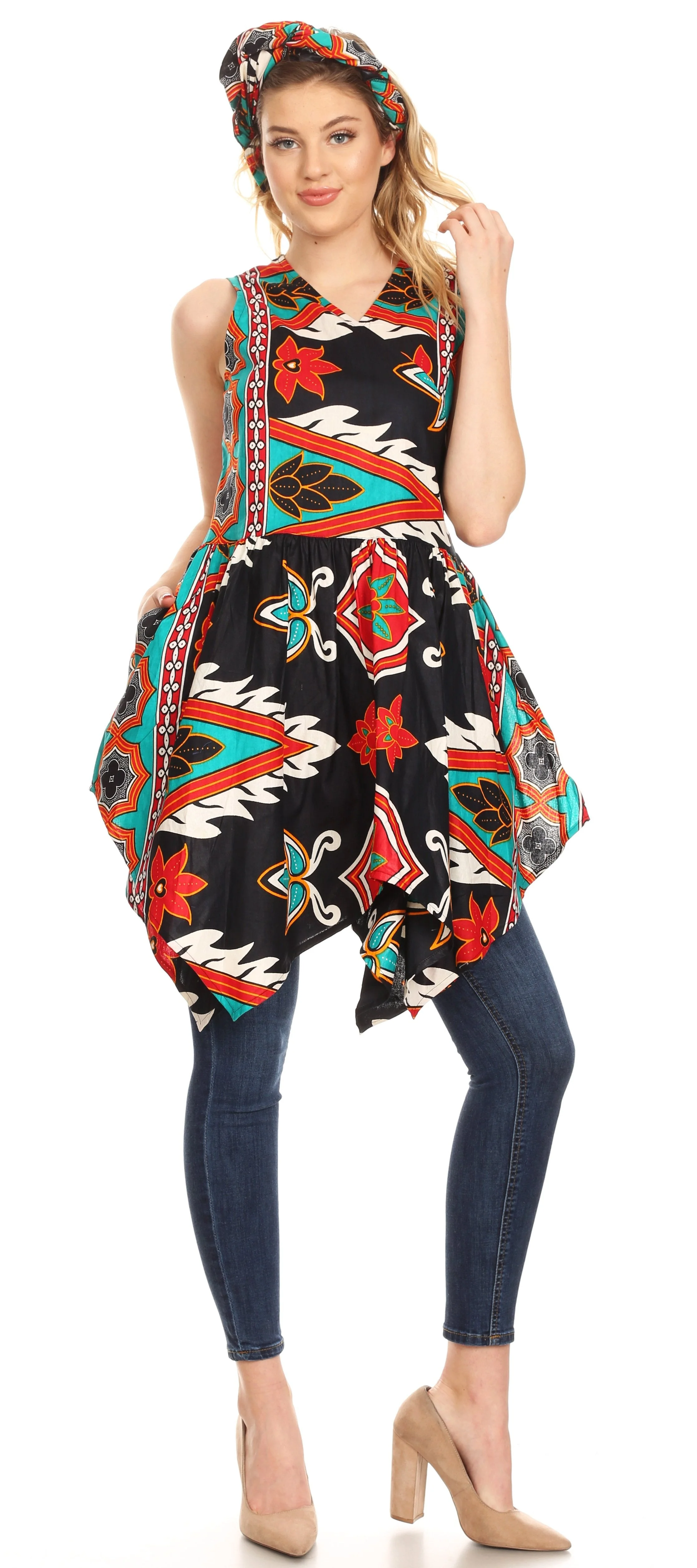 Sakkas Vale Womens African Ankara Sleeveless Short Cocktail Wrap Dress with Pocket - Image 10