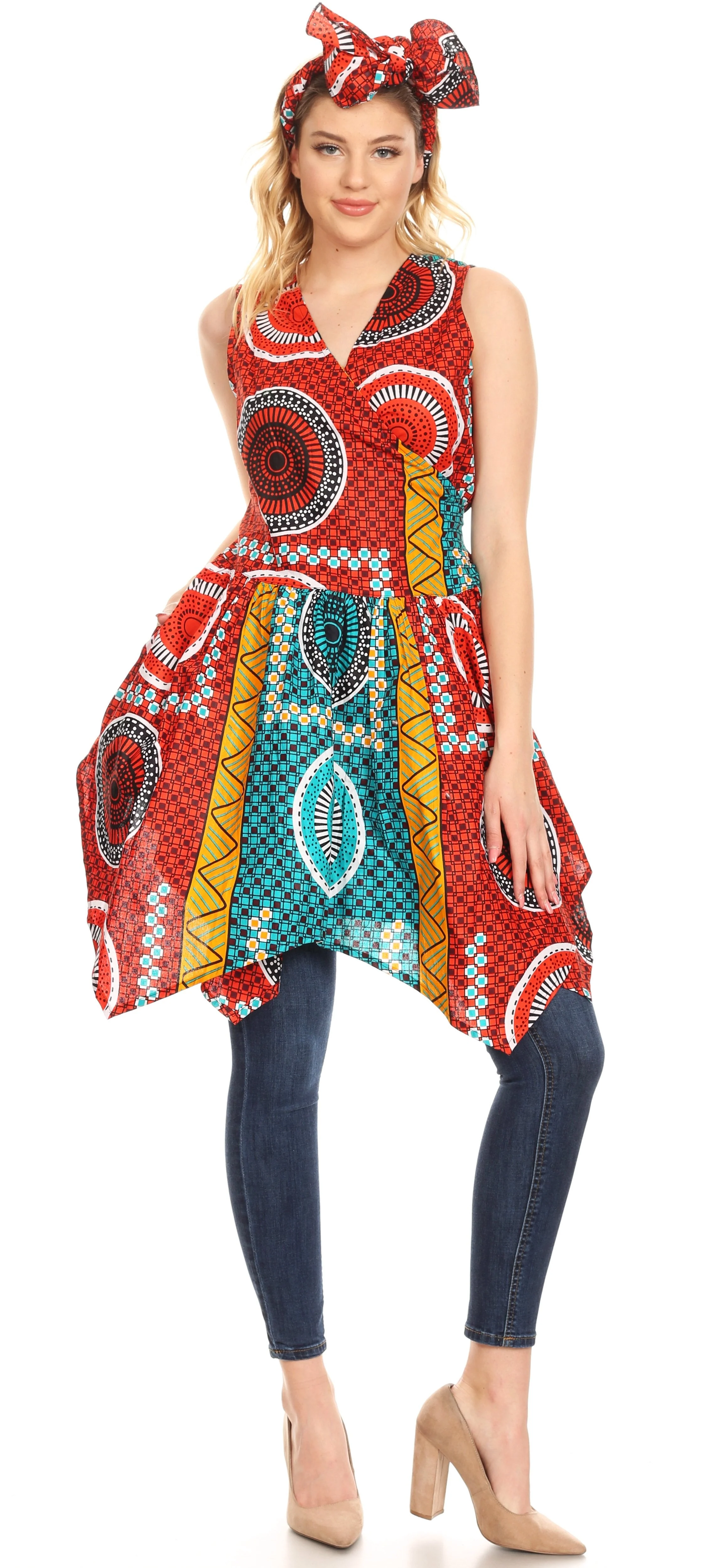 Sakkas Vale Womens African Ankara Sleeveless Short Cocktail Wrap Dress with Pocket - Image 16