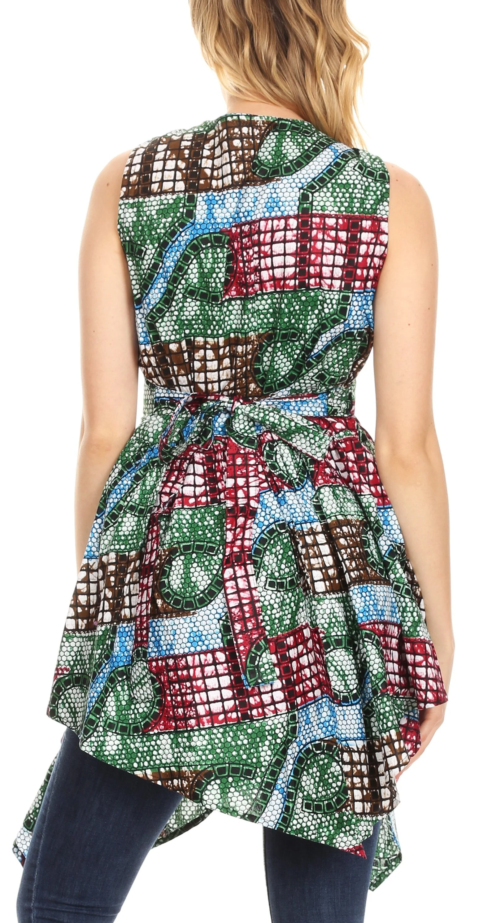 Sakkas Vale Womens African Ankara Sleeveless Short Cocktail Wrap Dress with Pocket - Image 2