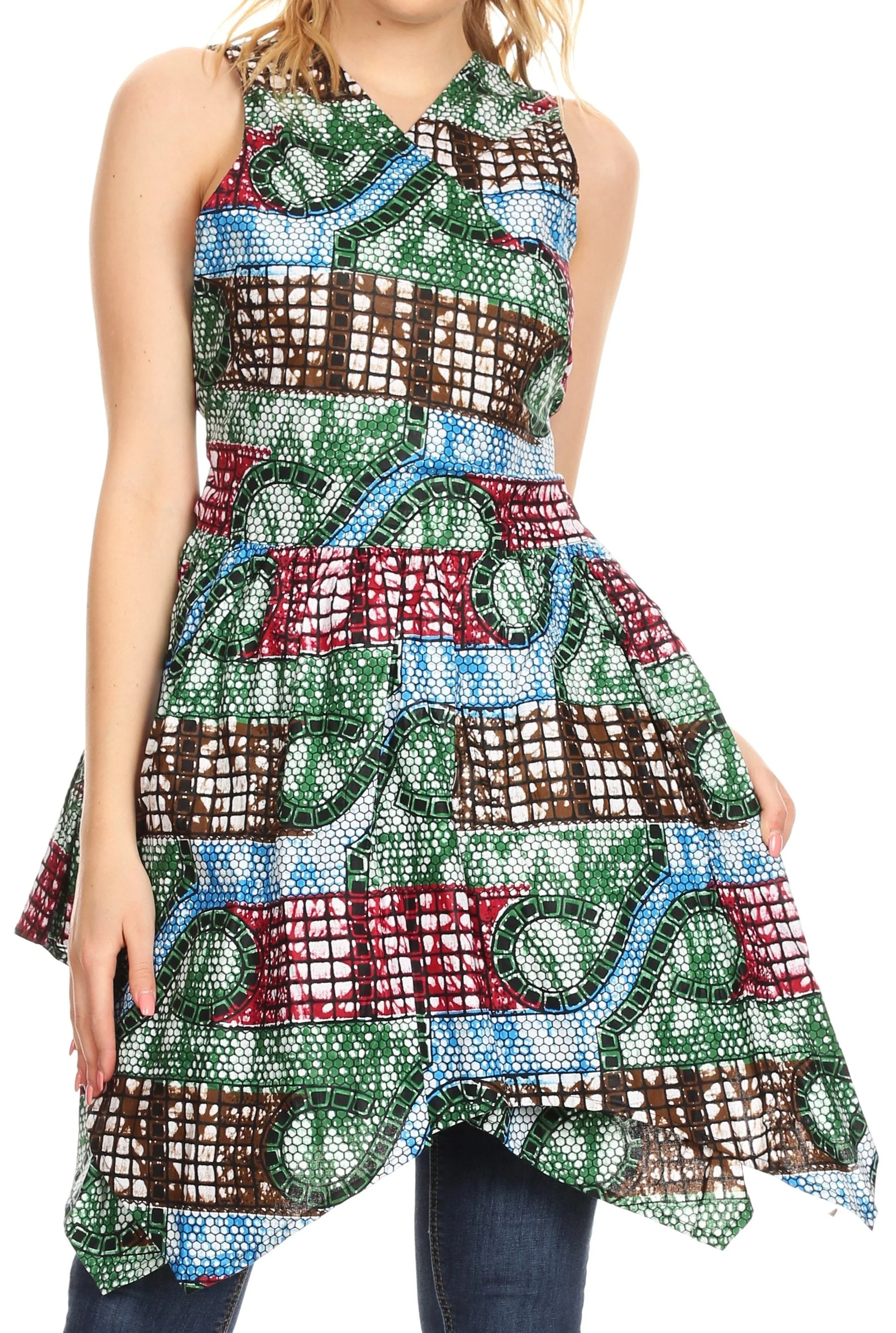 Sakkas Vale Womens African Ankara Sleeveless Short Cocktail Wrap Dress with Pocket - Image 4