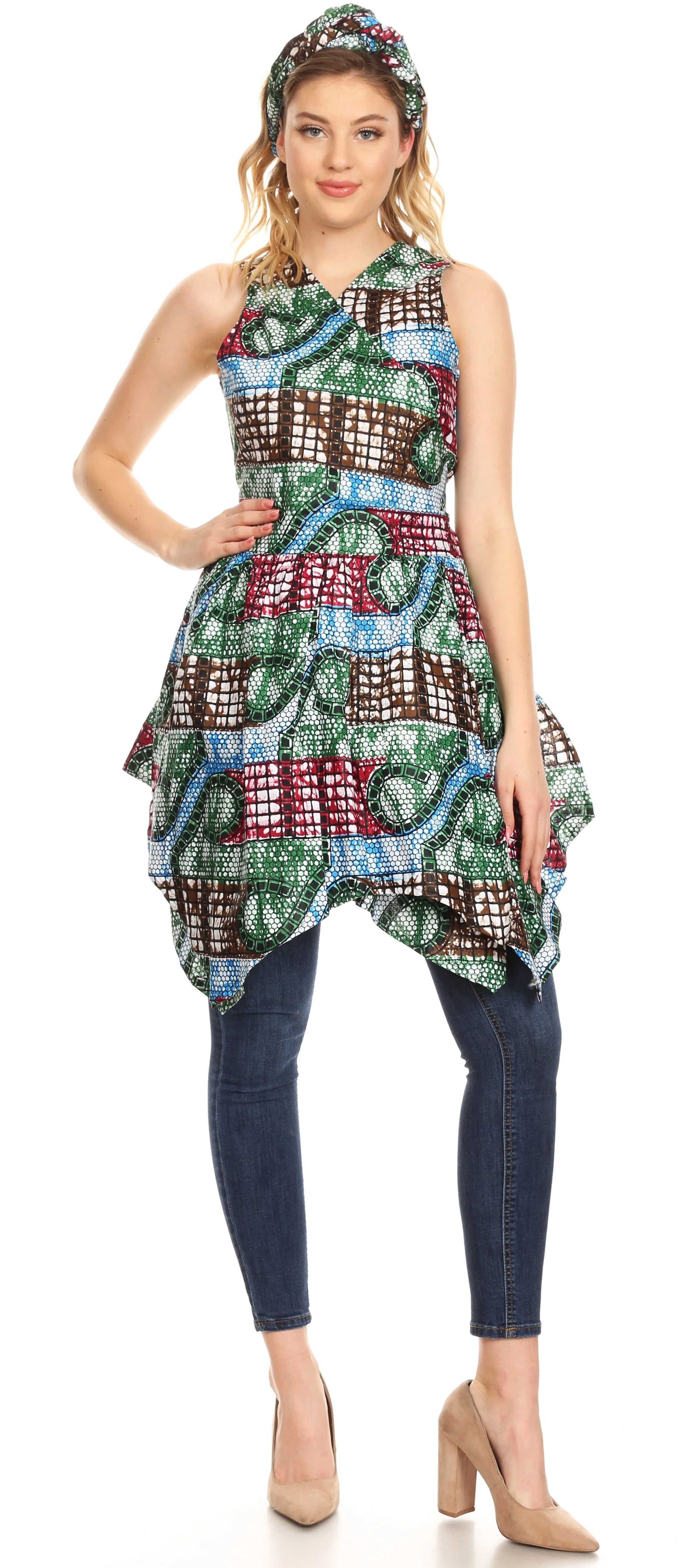 Sakkas Vale Womens African Ankara Sleeveless Short Cocktail Wrap Dress with Pocket - Image 5
