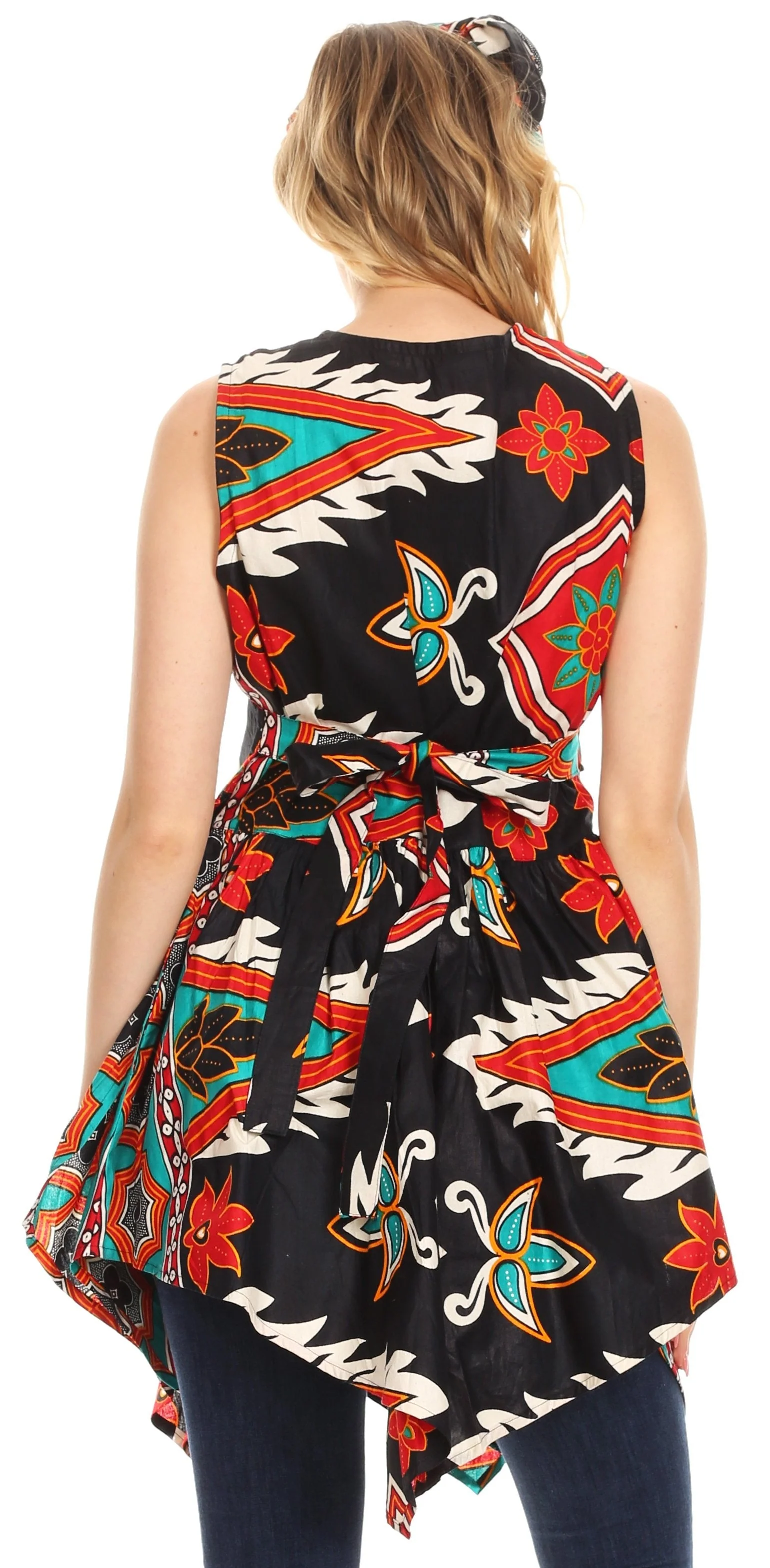 Sakkas Vale Womens African Ankara Sleeveless Short Cocktail Wrap Dress with Pocket - Image 7