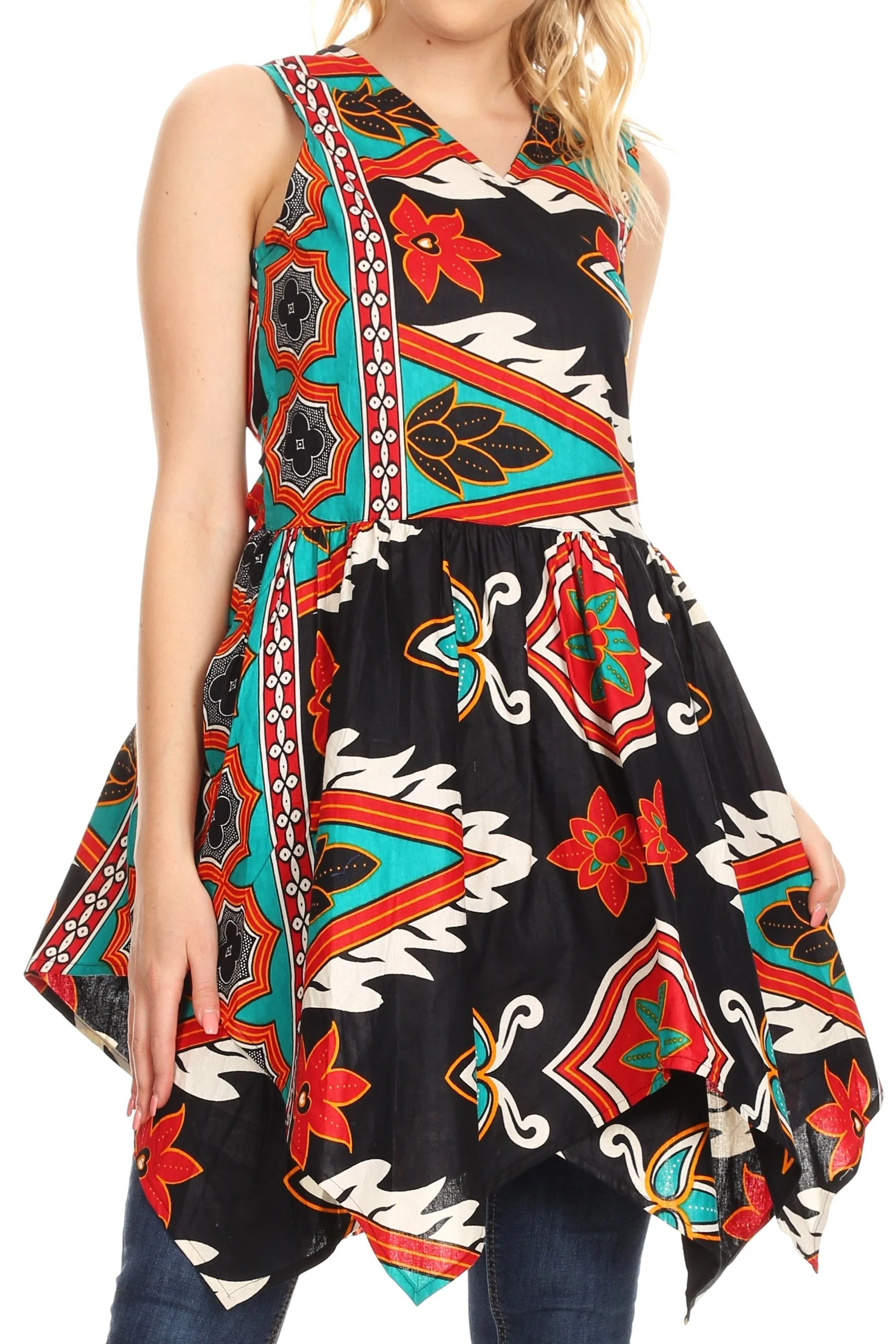 Sakkas Vale Womens African Ankara Sleeveless Short Cocktail Wrap Dress with Pocket - Image 9