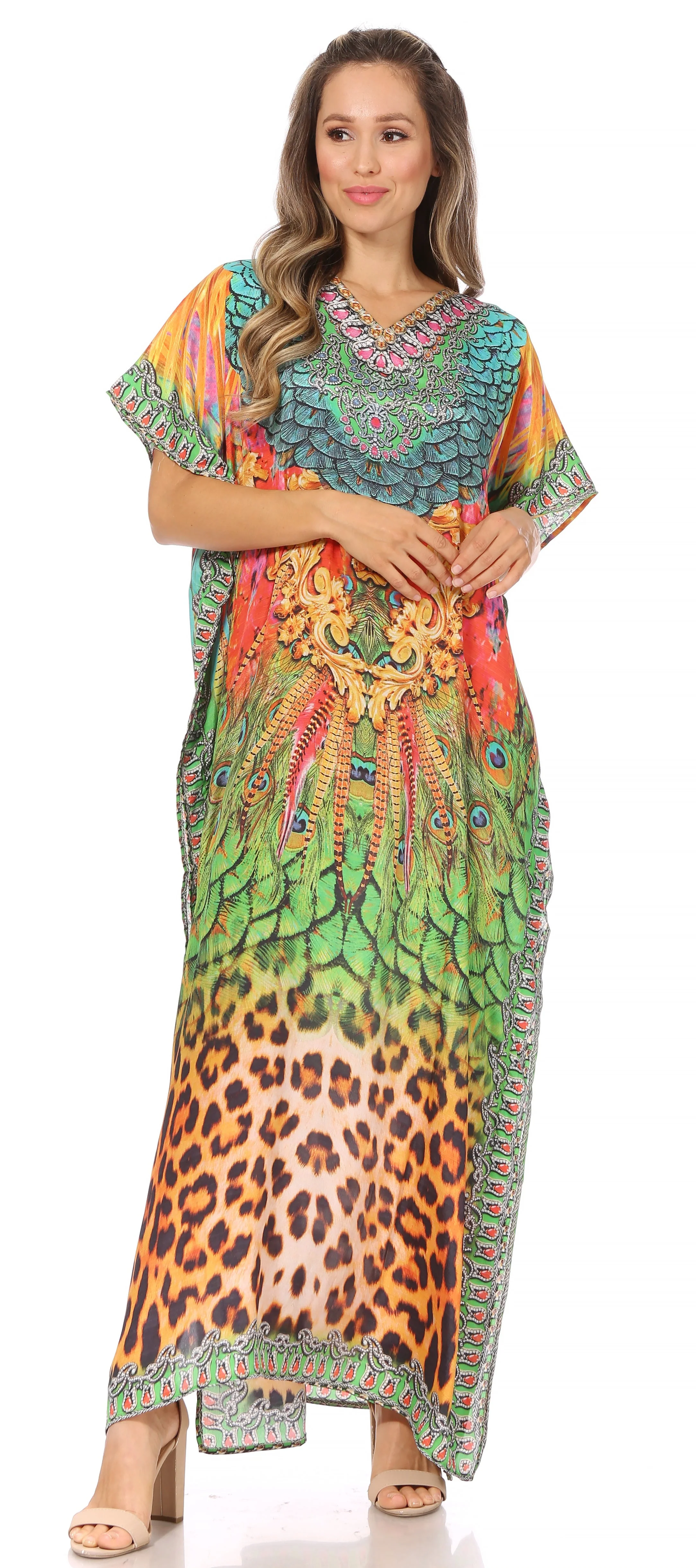 Sakkas Vicky Women's Casual Long Print Short Sleeve Petite Beach Maxi Caftan Dress - Buy One Get One Free - Image 35