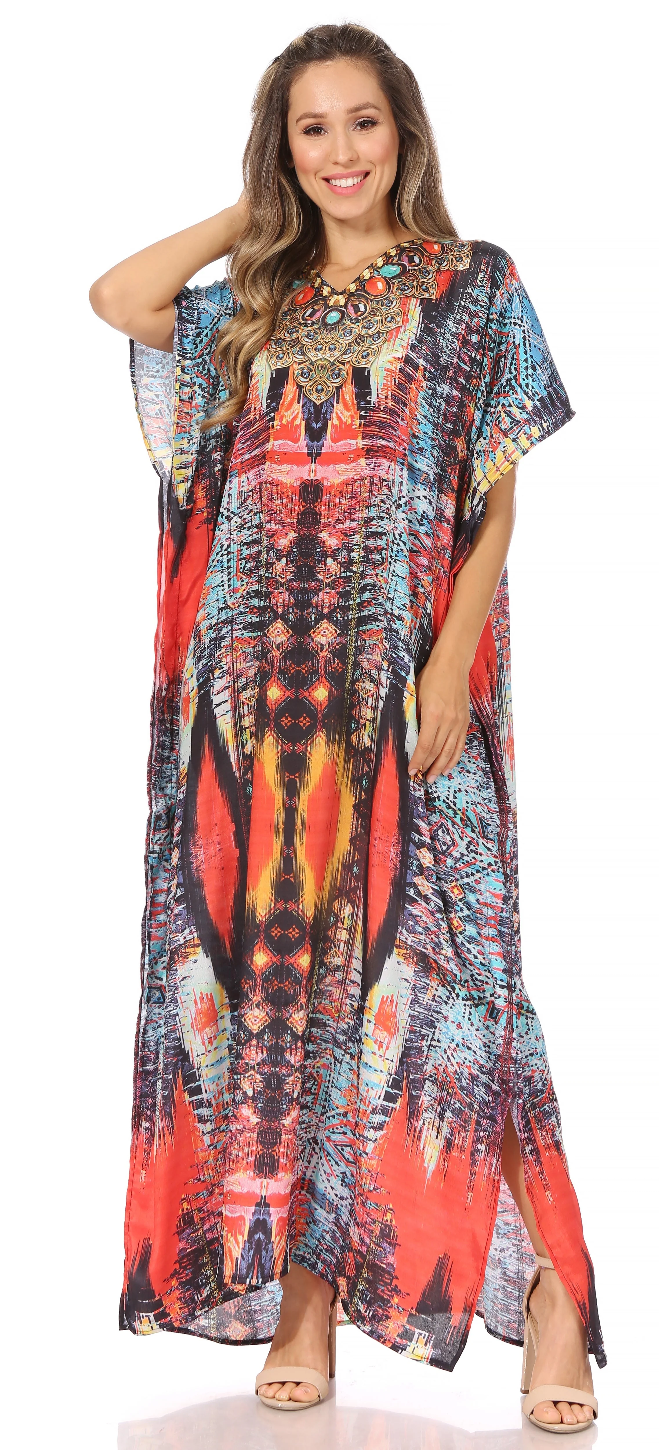 Sakkas Vicky Women's Casual Long Print Short Sleeve Petite Beach Maxi Caftan Dress - Buy One Get One Free - Image 40
